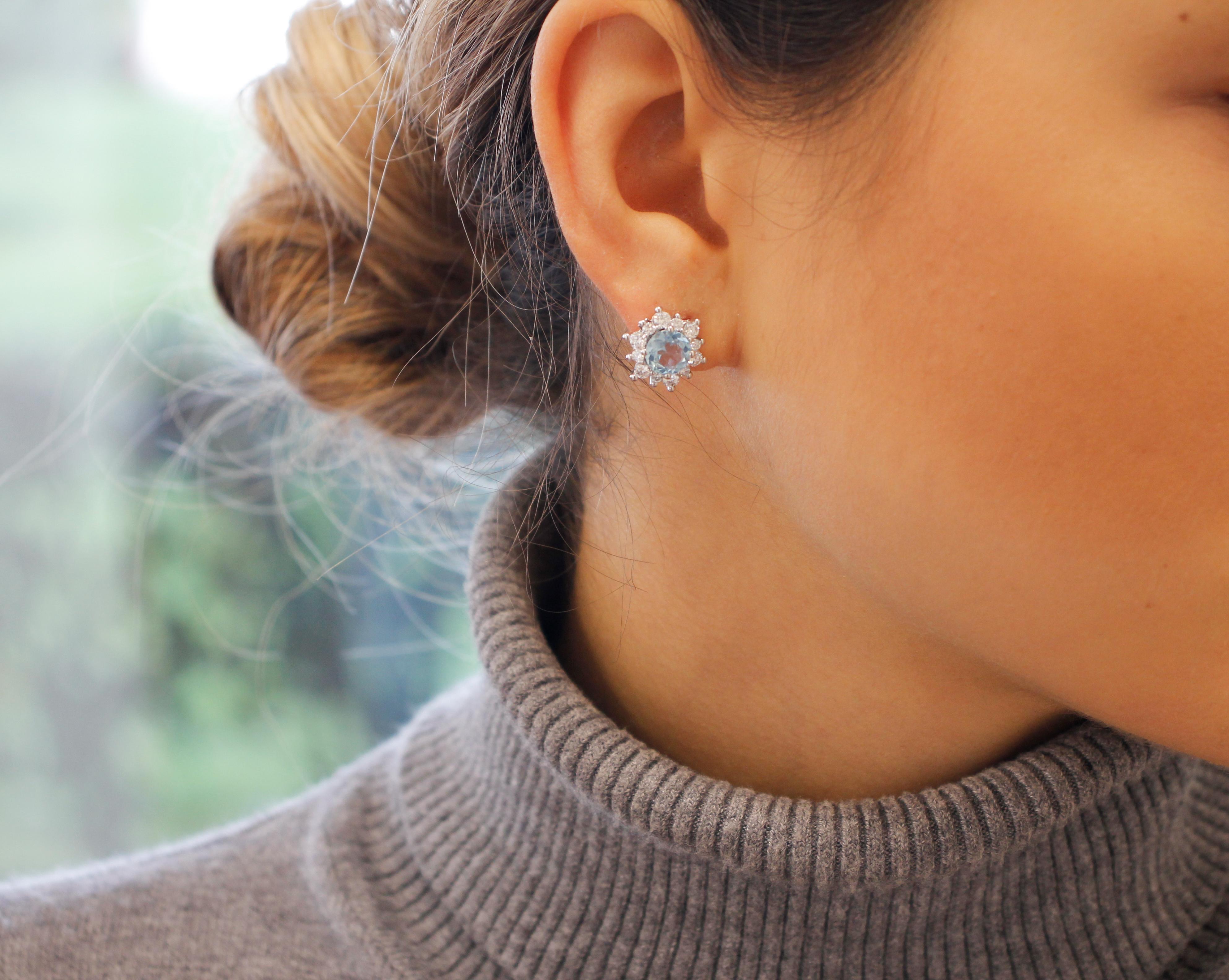 Women's Aquamarine, Diamonds, 18 Karat White Gold Stud Earrings