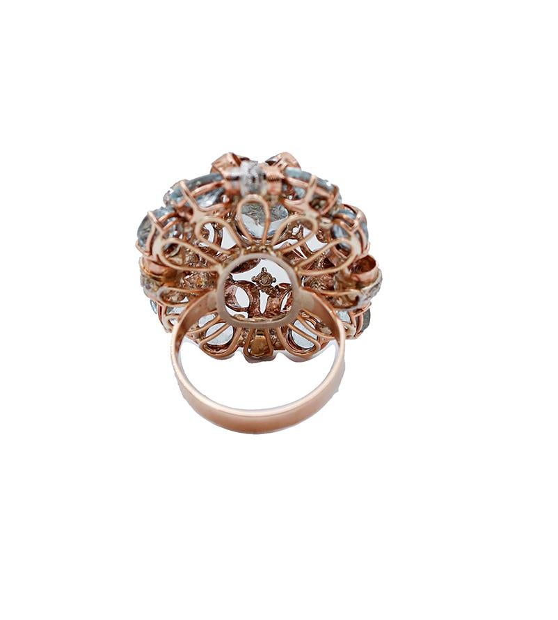 Retro Aquamarine, Diamonds, 9 Karat Rose and White Gold Ring For Sale