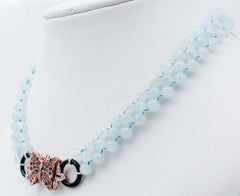 Aquamarine Diamonds Emeralds Rubies Sapphires Onyx 9Kt Gold and Silver Necklace