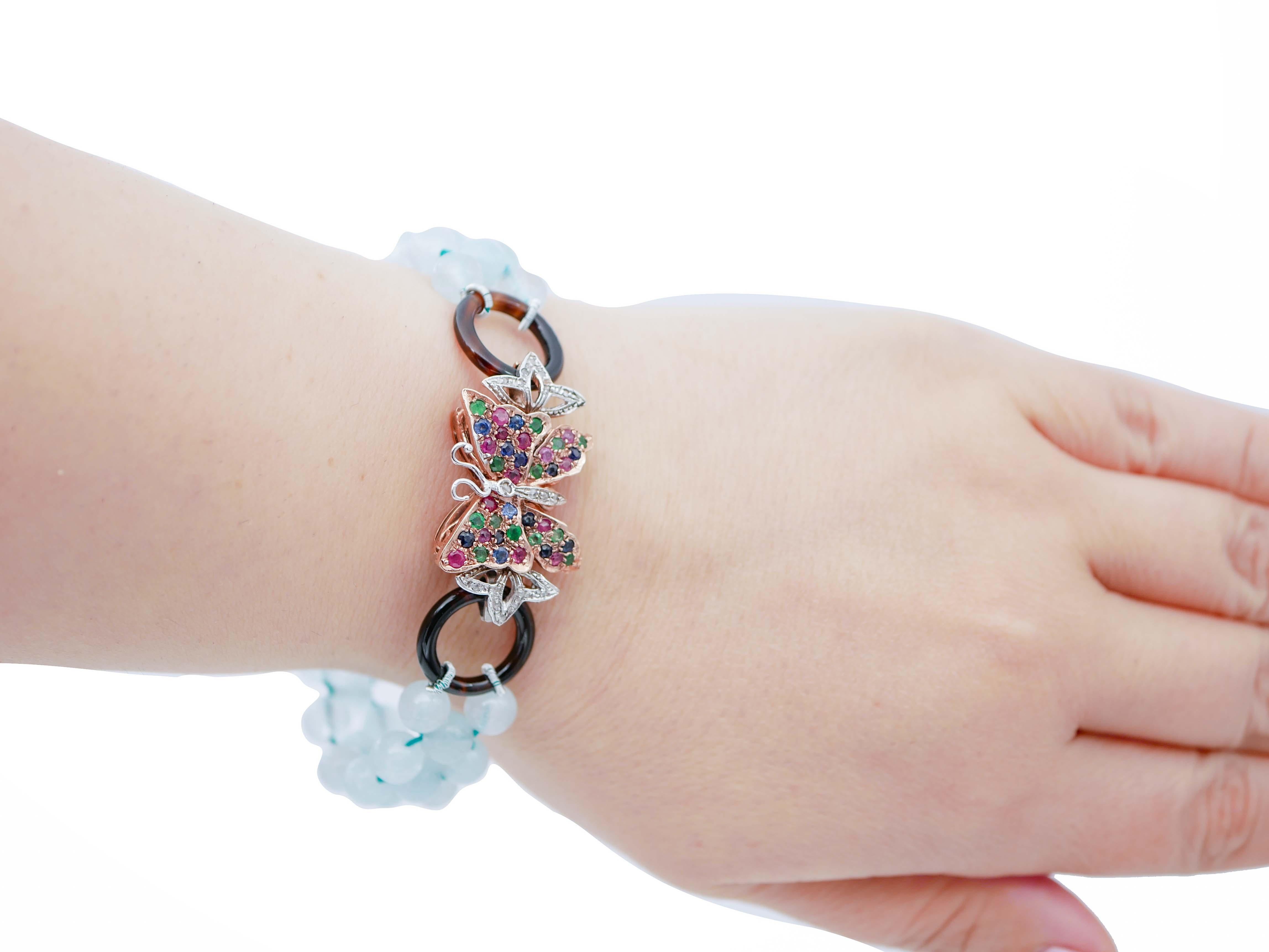 Taille mixte Bracelet aigue-marine, diamants, émeraudes, rubis, saphirs, onyx, or et argent en vente