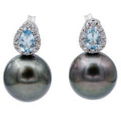 Aquamarine, Diamonds, Grey Pearls, 14 Karat White Gold Earrings