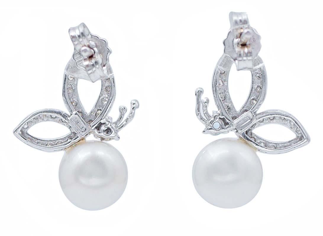 Retro Aquamarine, Diamonds, Pearls, 14 Karat White Gold Earrings.