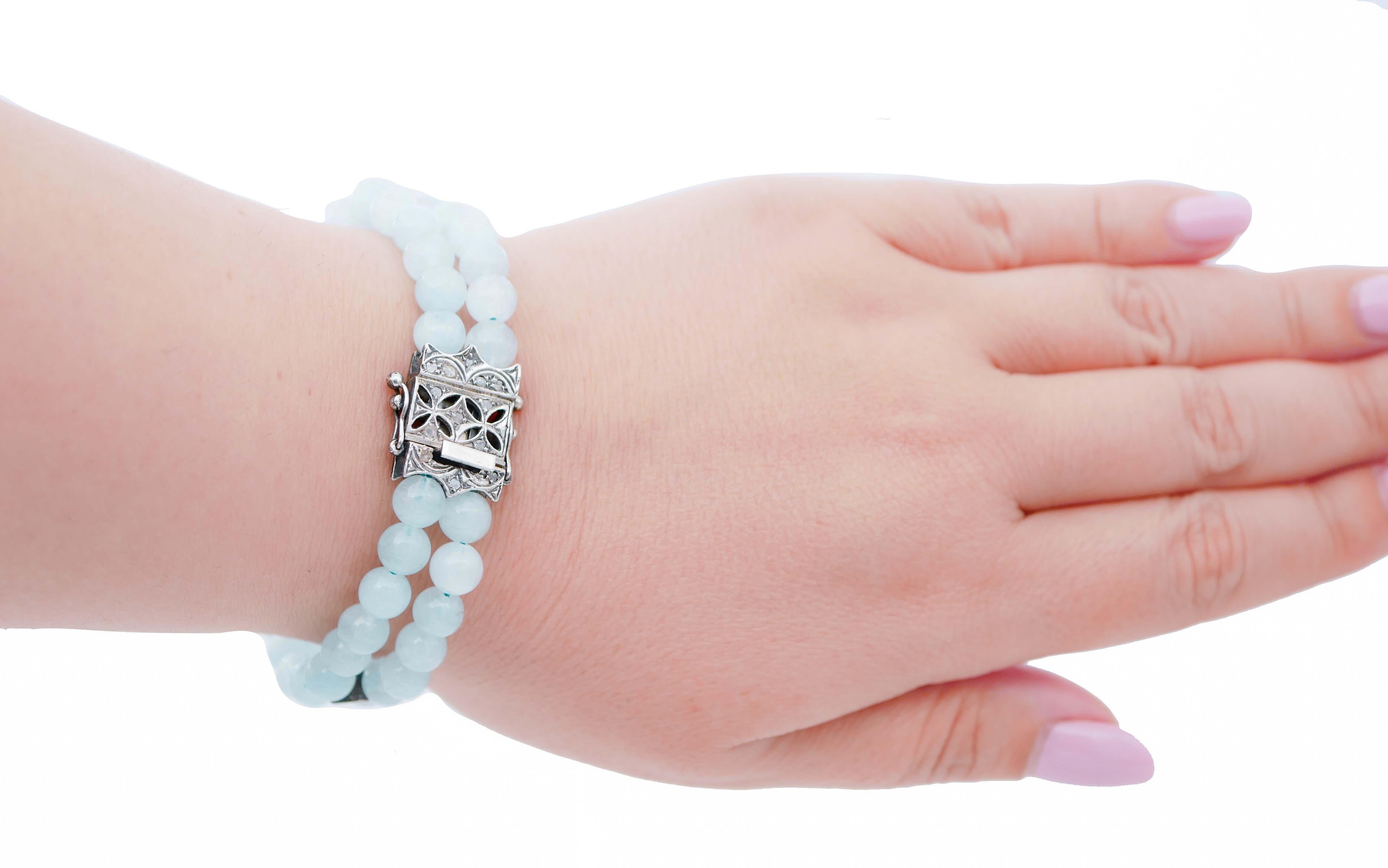 Taille mixte Bracelet Retrò en aigue-marine, diamants, or rose et argent en vente
