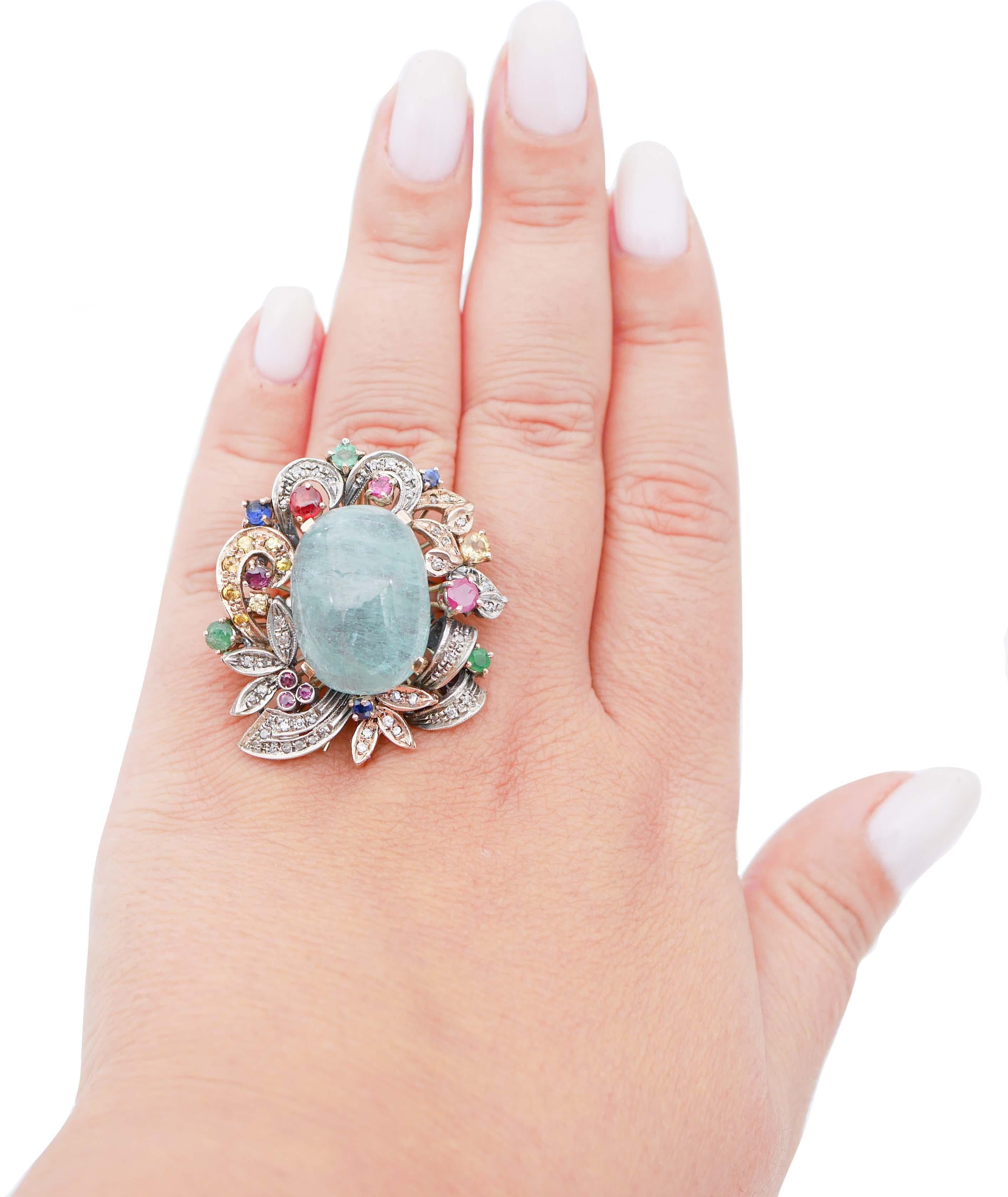 Mixed Cut Aquamarine, Emeralds, Rubies, Sapphires, Diamonds, Rose Gold and Silver Ring.