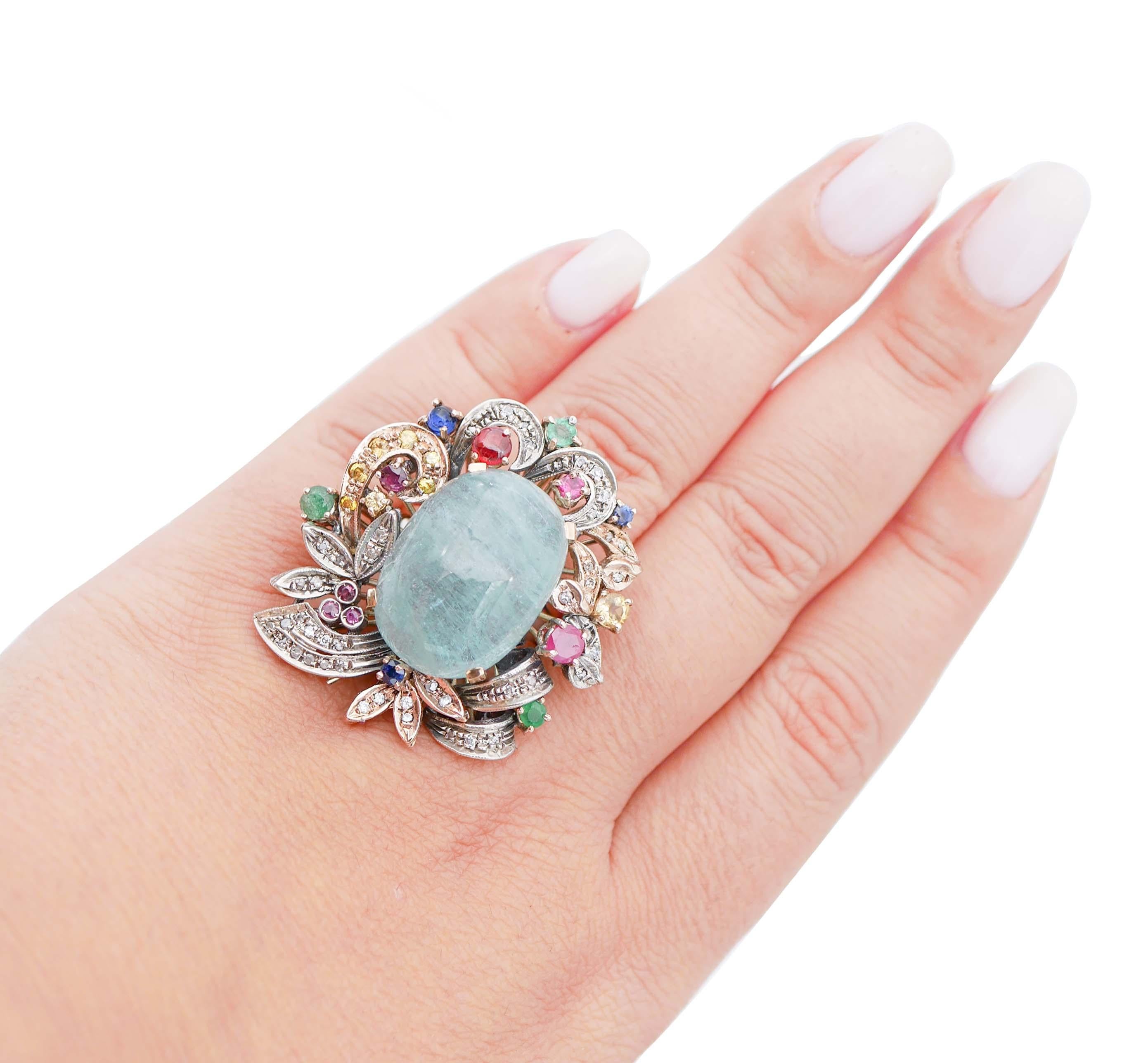 Aquamarine, Emeralds, Rubies, Sapphires, Diamonds, Rose Gold and Silver Ring. In Good Condition In Marcianise, Marcianise (CE)