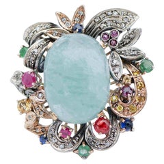 Vintage Aquamarine, Emeralds, Rubies, Sapphires, Diamonds, Rose Gold and Silver Ring.