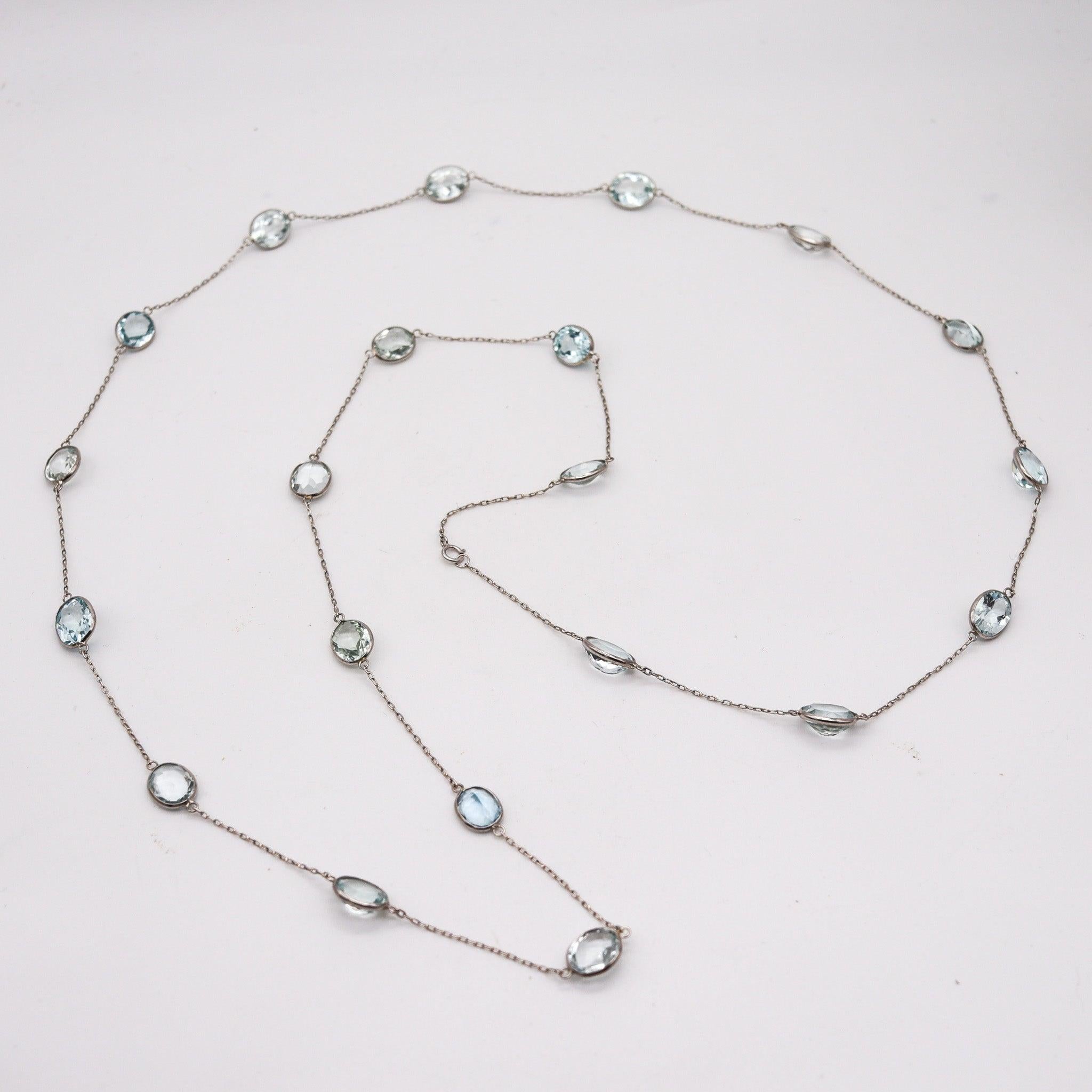 Art Deco AQUAMARINES 1950 Long Station Necklace In Platinum With 72.98 Ctw Aquamarines For Sale