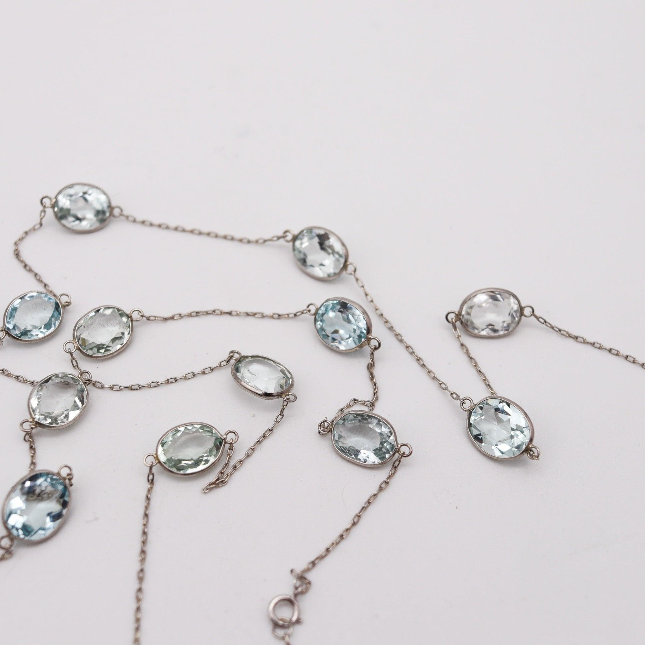 Oval Cut AQUAMARINES 1950 Long Station Necklace In Platinum With 72.98 Ctw Aquamarines For Sale