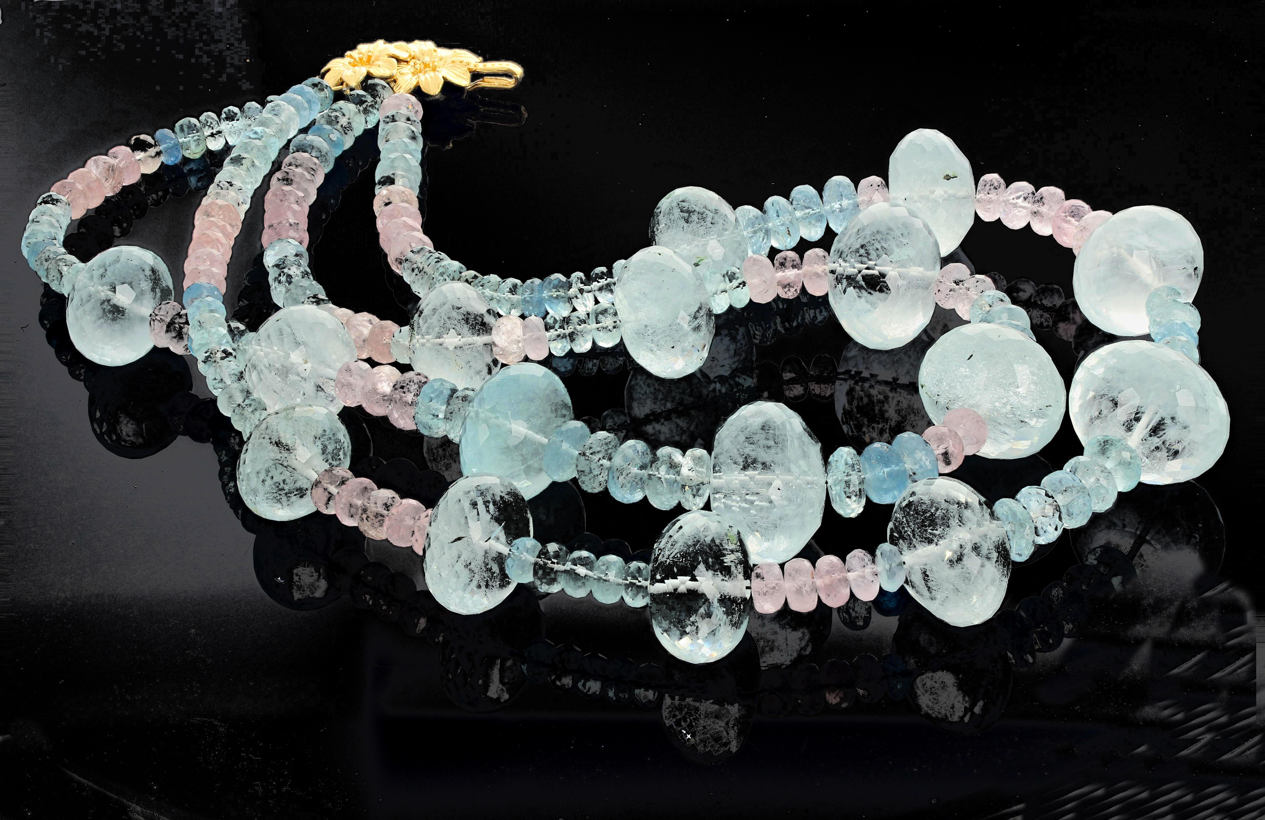 AJD Doppelreihige Halskette 17,5 Blaue Aquamarine & rosa Morganites & Beryll  im Zustand „Neu“ im Angebot in Raleigh, NC