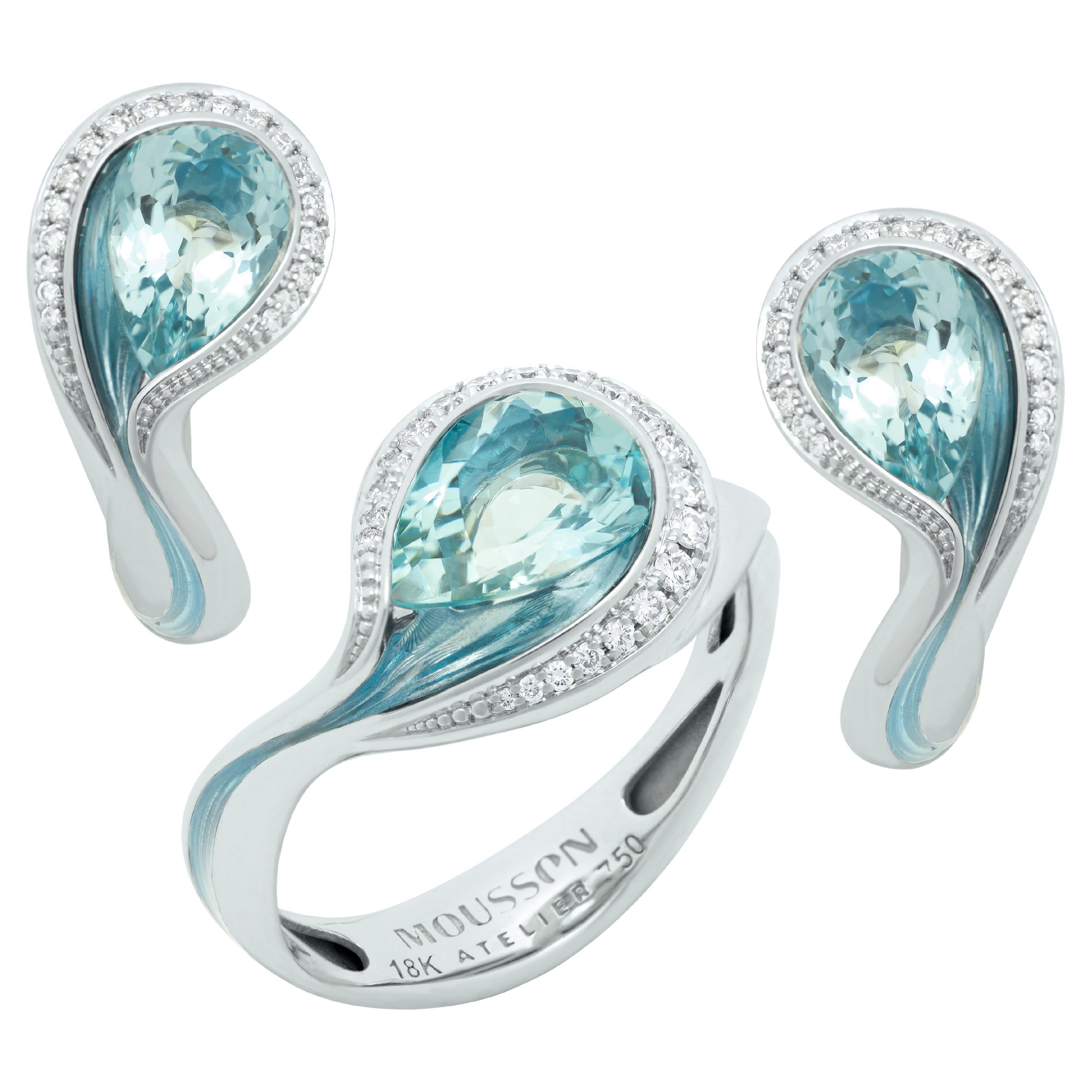 Aquamarine Diamanten Emaille 18 Karat Weißgold Geschmolzene Farben Suite