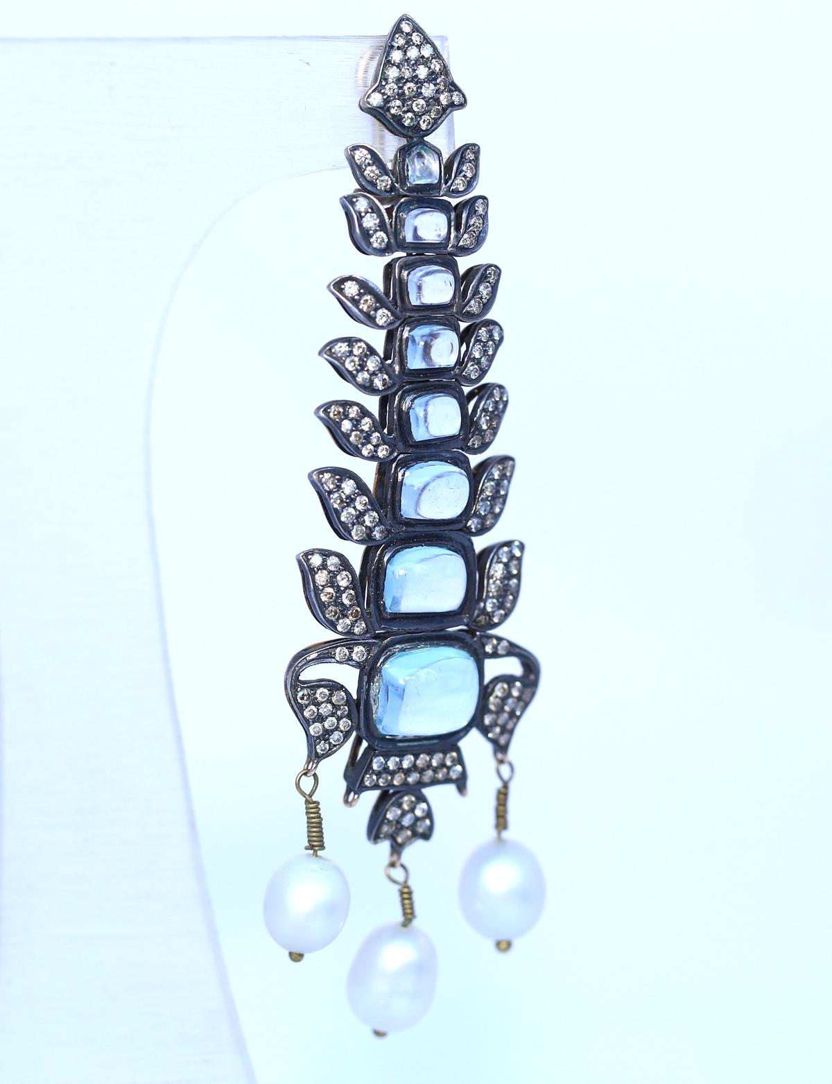 Mixed Cut Aquamarines Earrings Diamonds Pearls Silver Gold Flexible , 1930