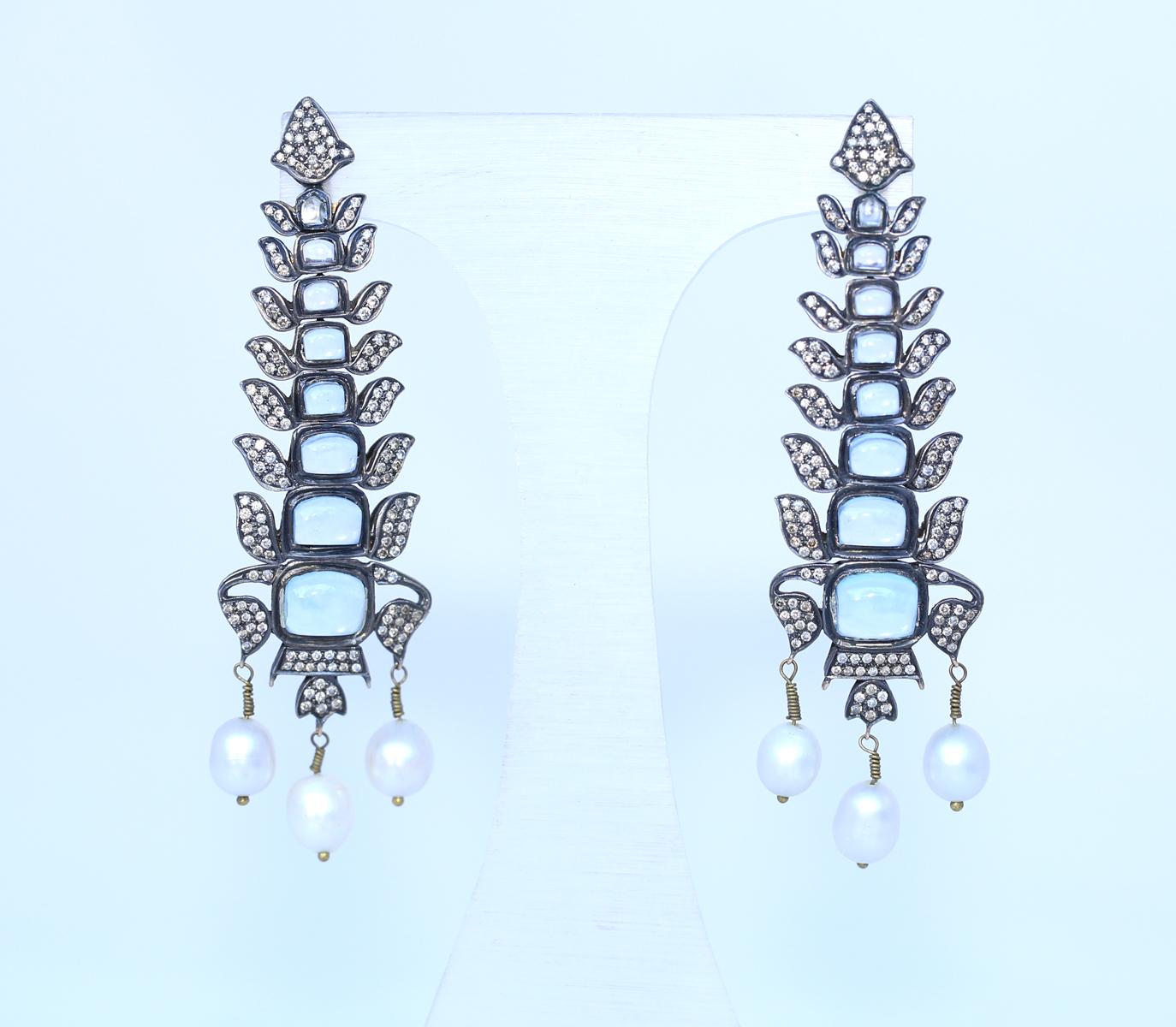 Aquamarines Earrings Diamonds Pearls Silver Gold Flexible , 1930 In Good Condition In Herzelia, Tel Aviv