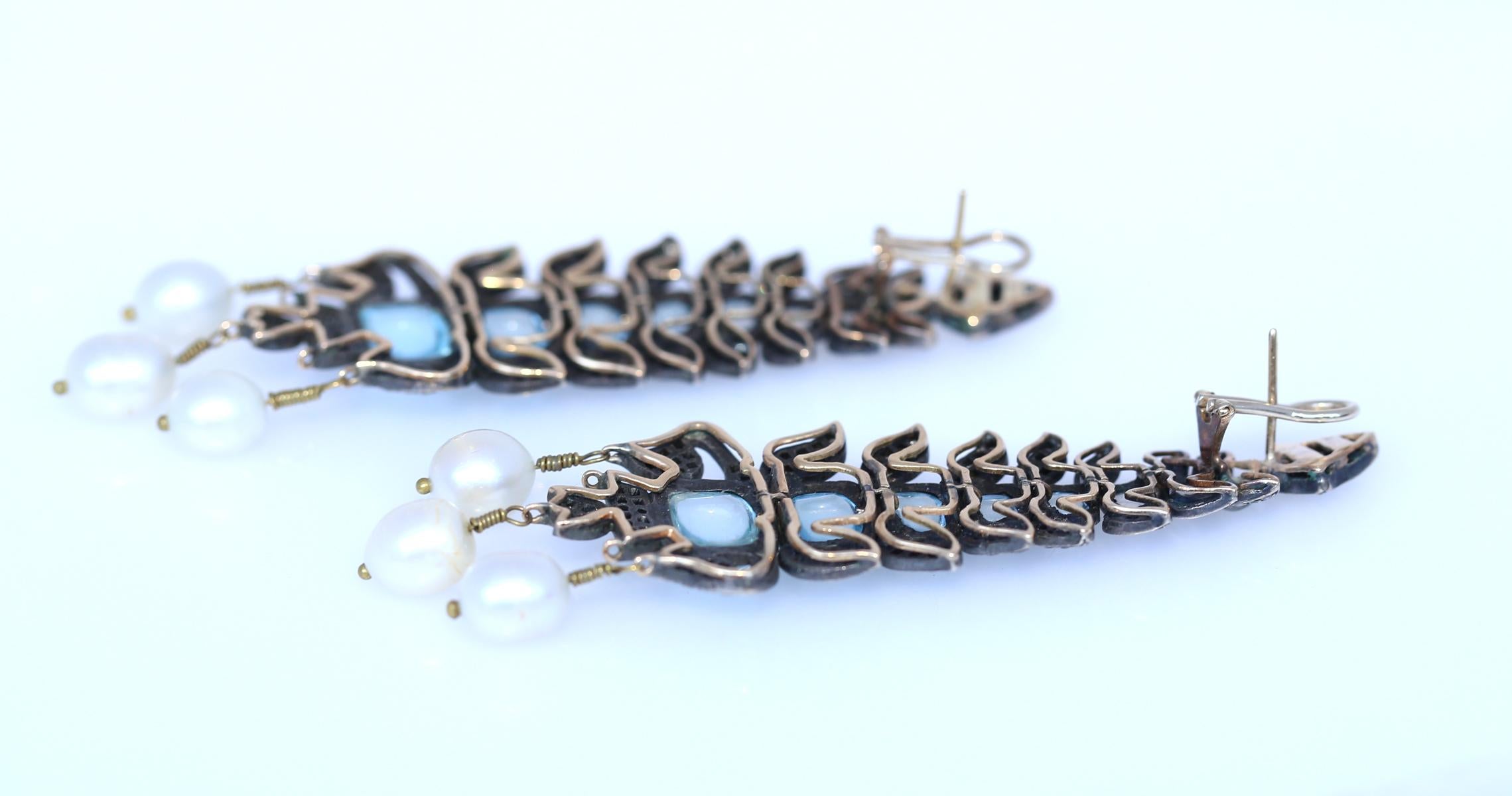 Aquamarines Earrings Diamonds Pearls Silver Gold Flexible , 1930 1