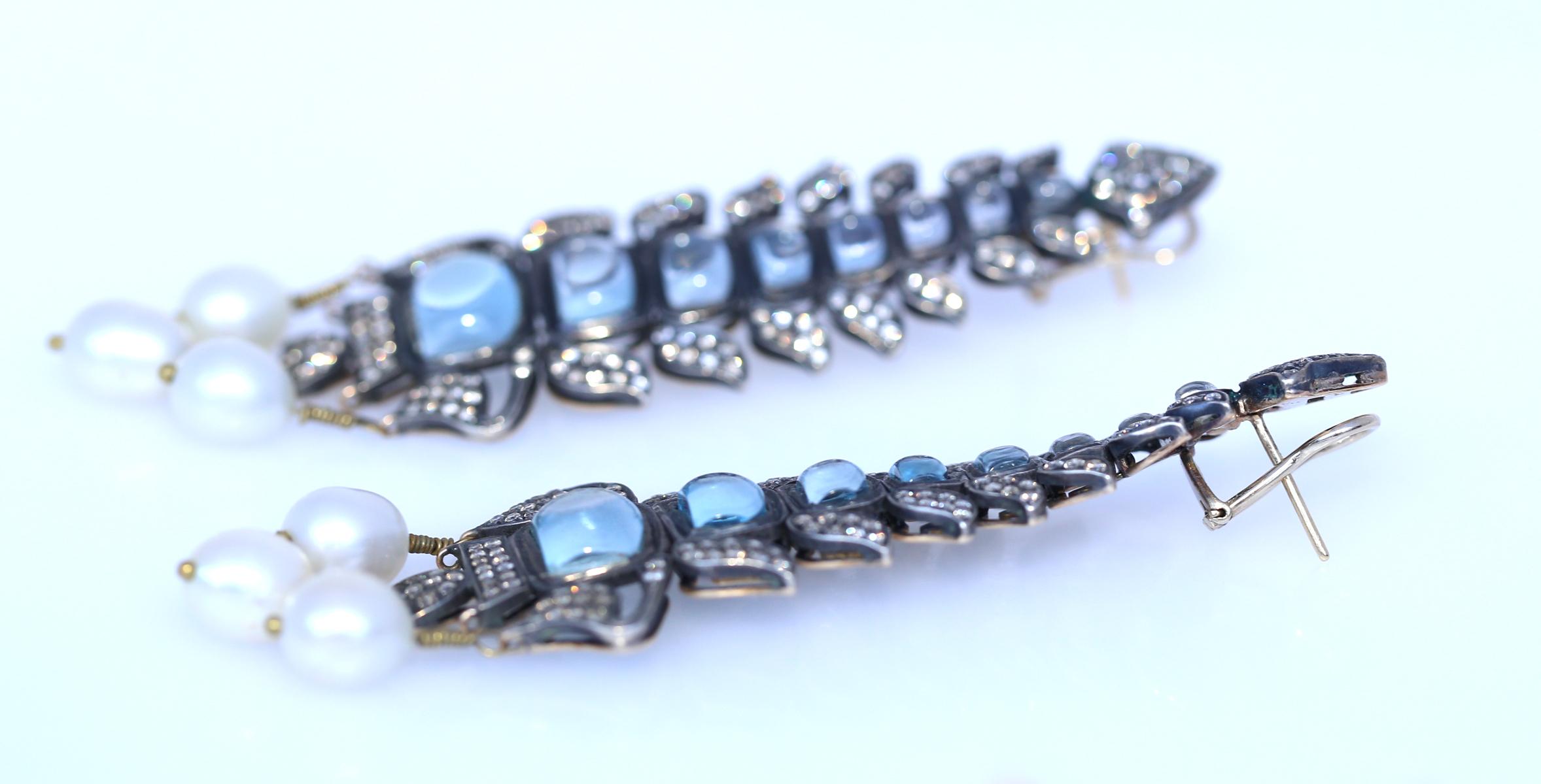 Aquamarines Earrings Diamonds Pearls Silver Gold Flexible , 1930 2