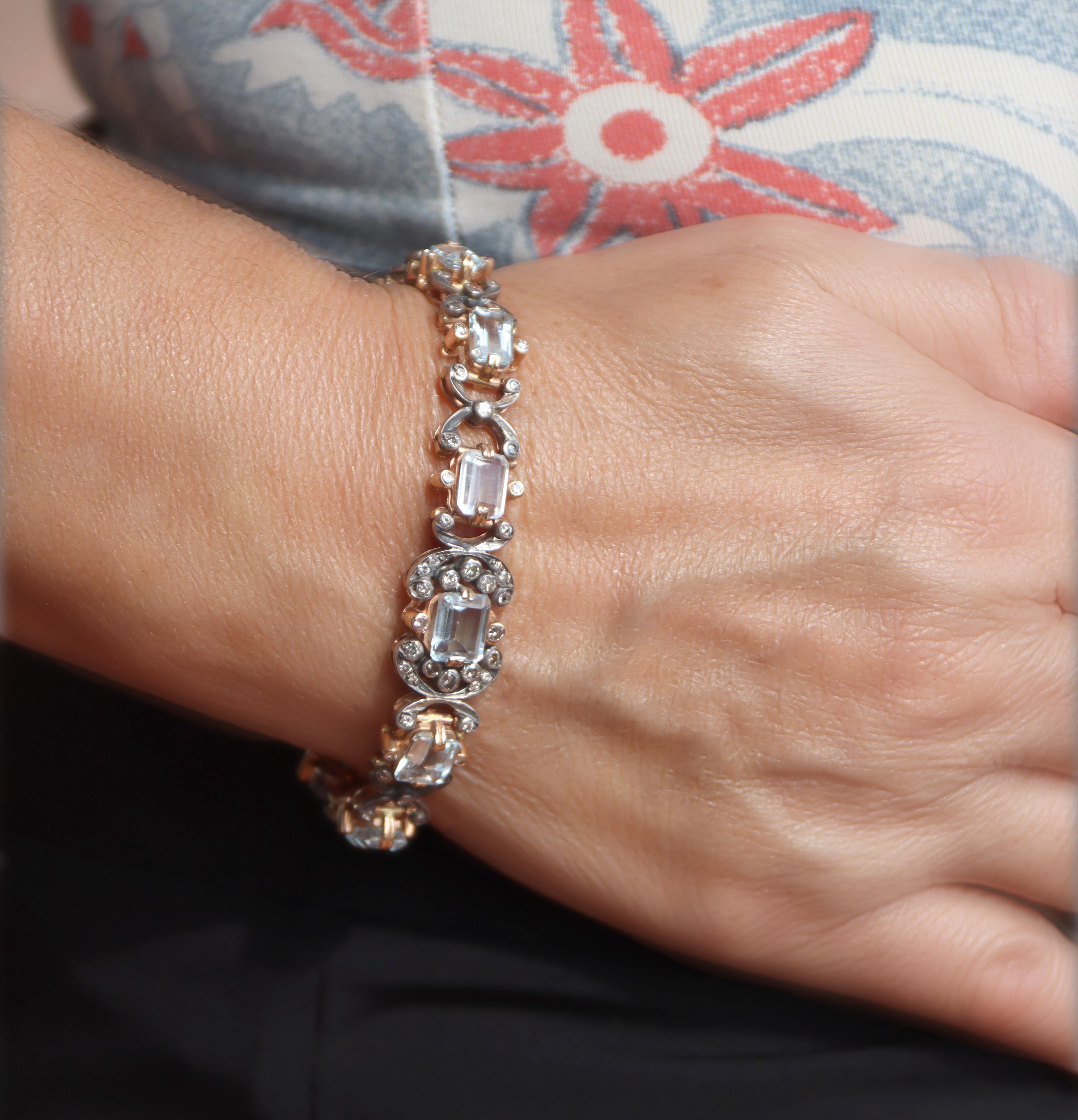 Bracelet rétro en or jaune 14 carats, aigues-marines et diamants en vente 4