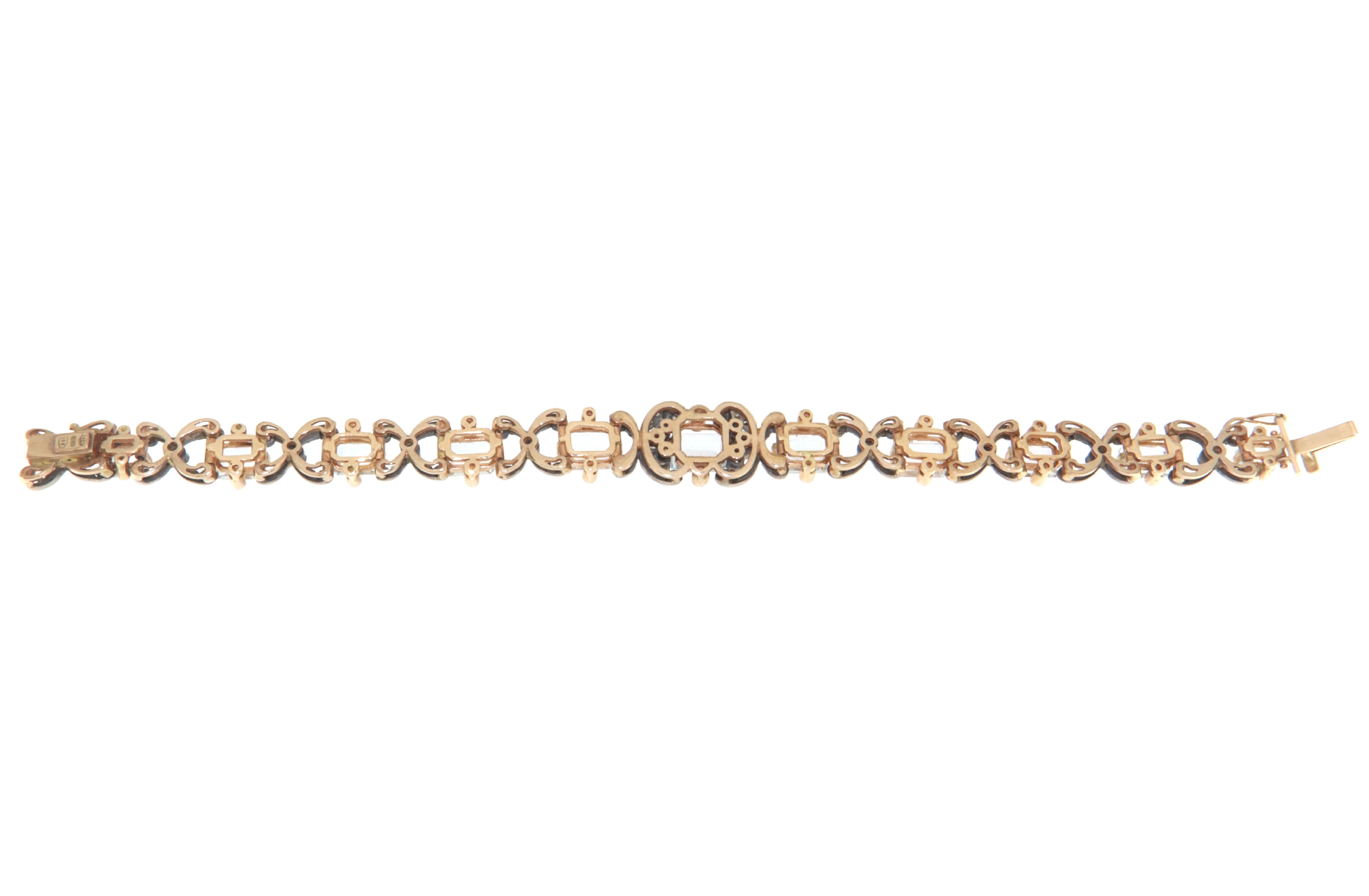 Rétro Bracelet rétro en or jaune 14 carats, aigues-marines et diamants en vente