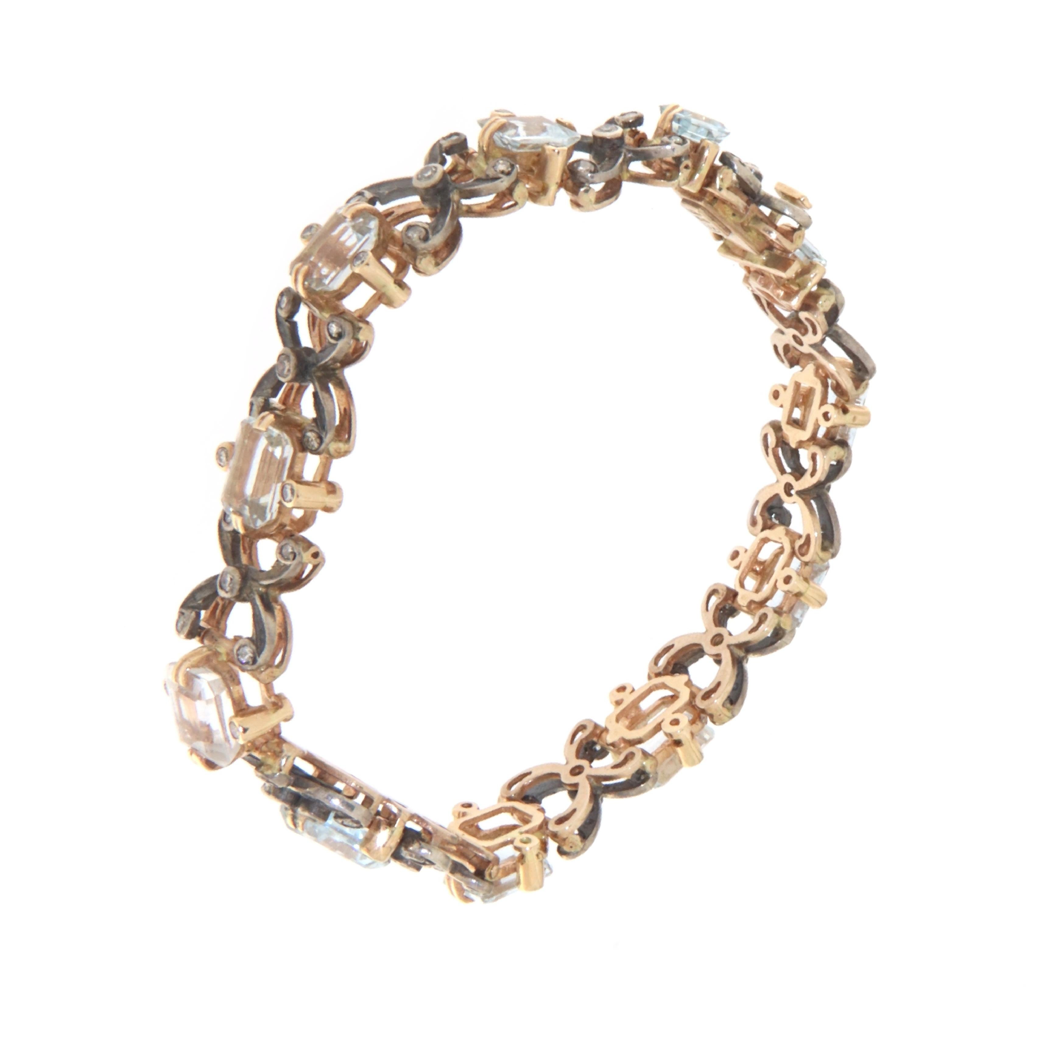 Taille brillant Bracelet rétro en or jaune 14 carats, aigues-marines et diamants en vente