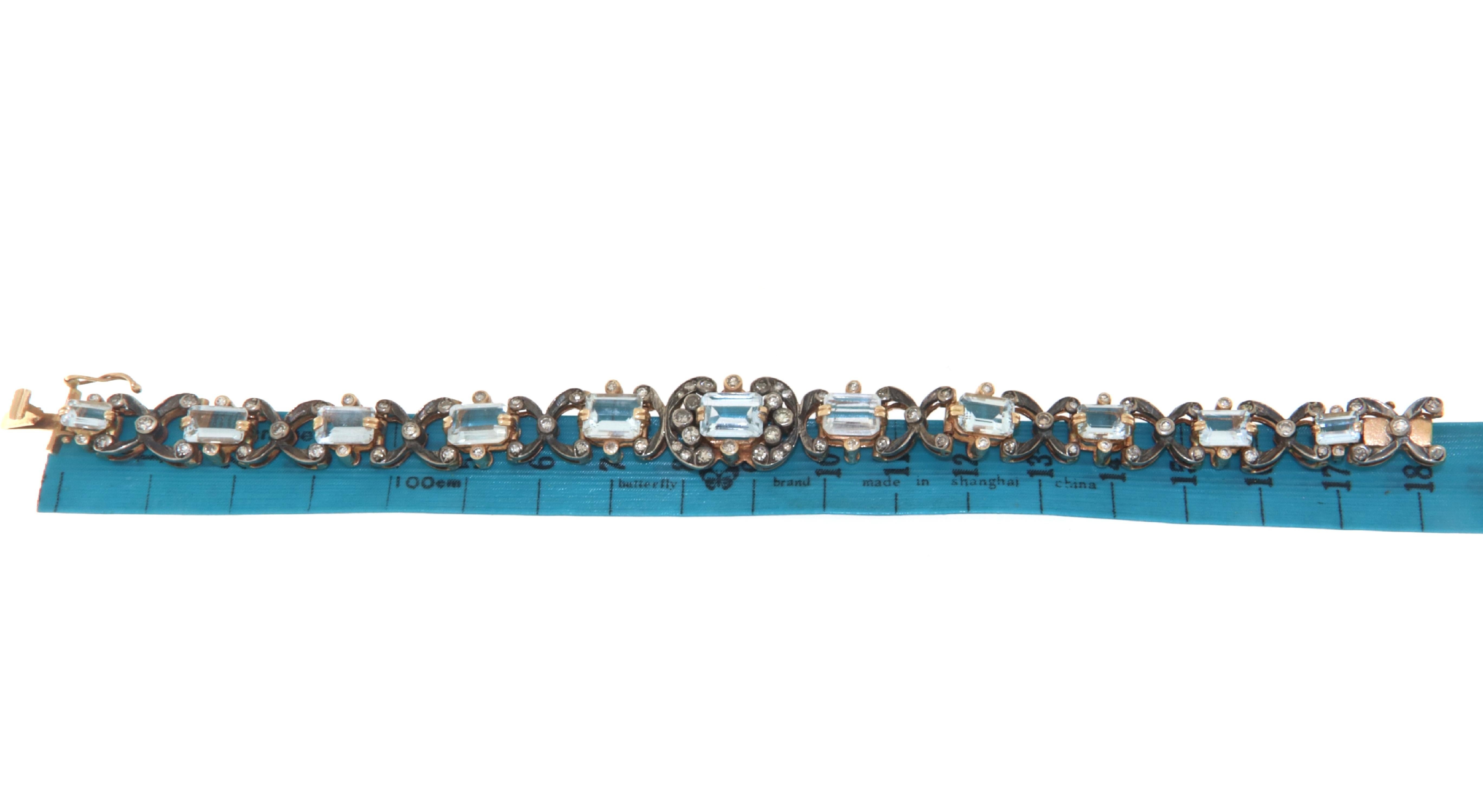 Bracelet rétro en or jaune 14 carats, aigues-marines et diamants Neuf - En vente à Marcianise, IT