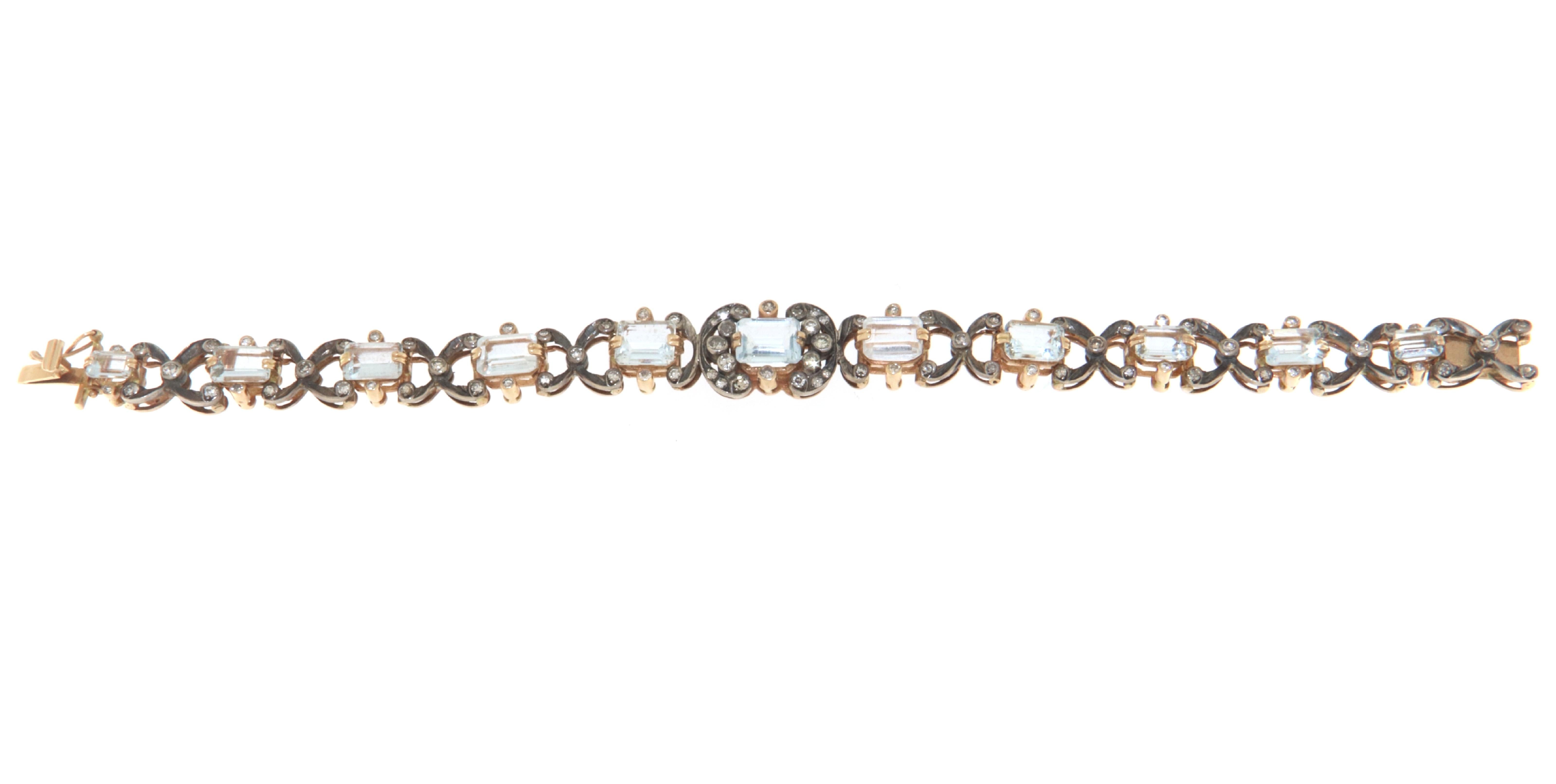 Bracelet rétro en or jaune 14 carats, aigues-marines et diamants Pour femmes en vente