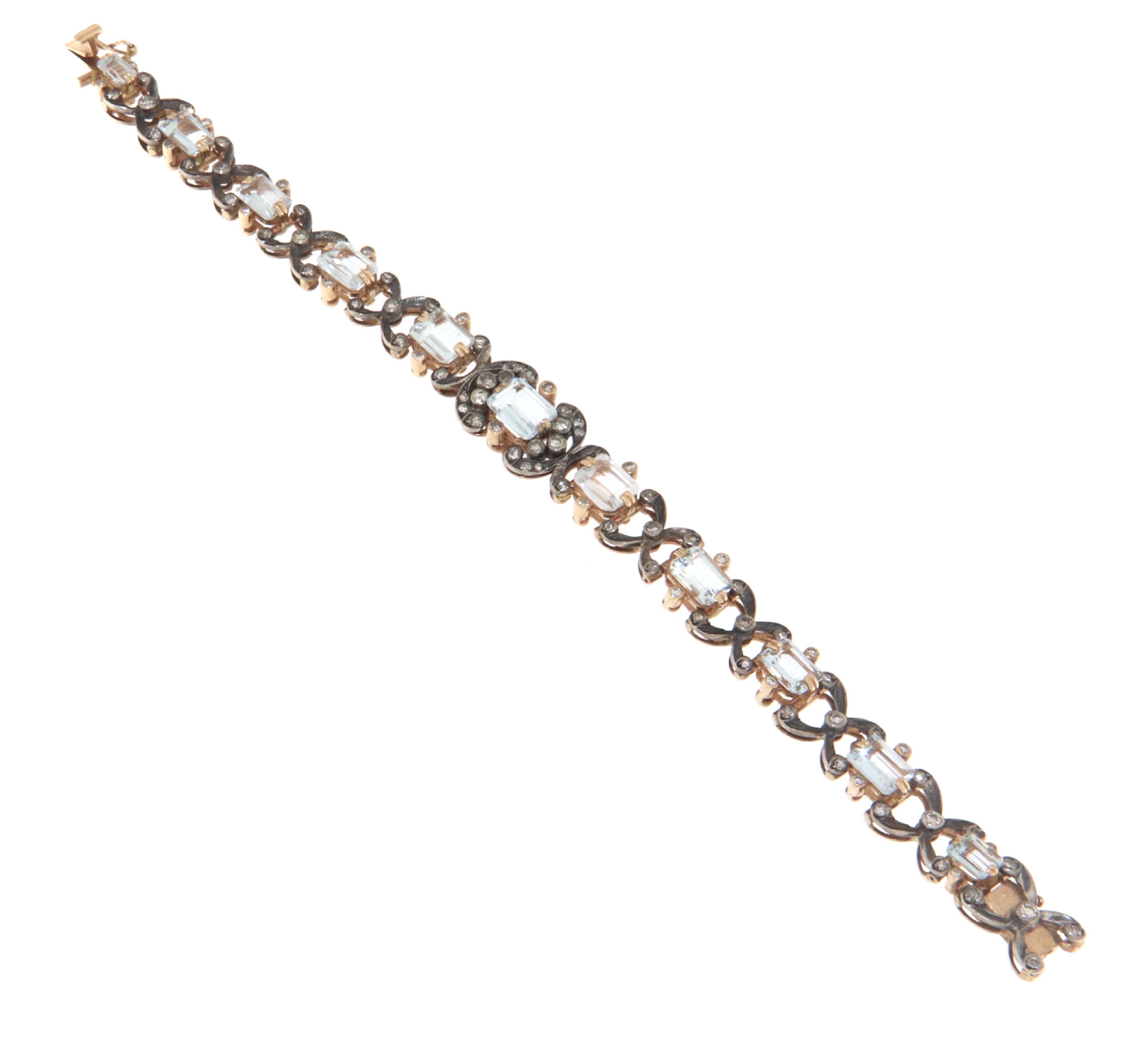 Bracelet rétro en or jaune 14 carats, aigues-marines et diamants en vente 1
