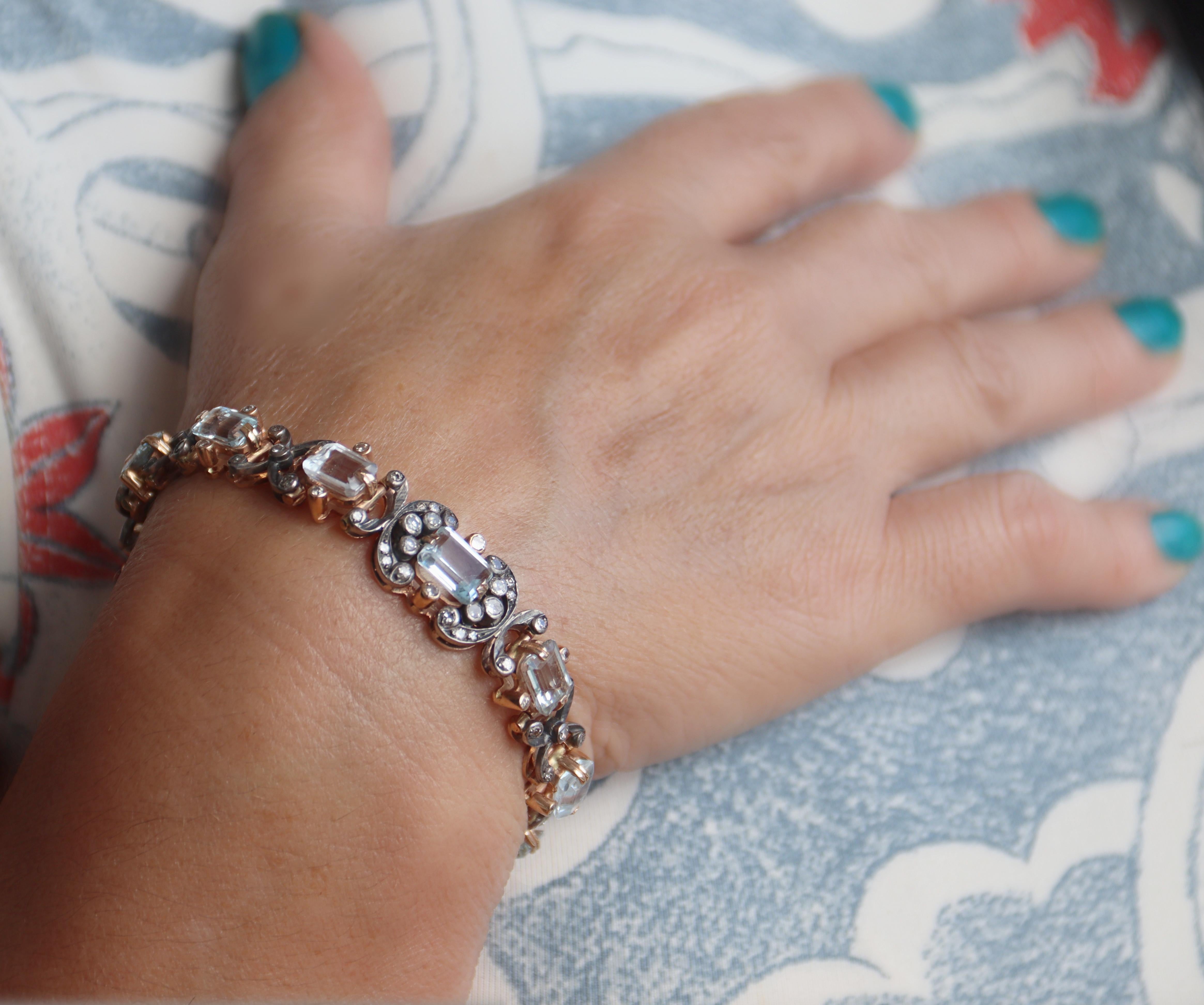 Bracelet rétro en or jaune 14 carats, aigues-marines et diamants en vente 2