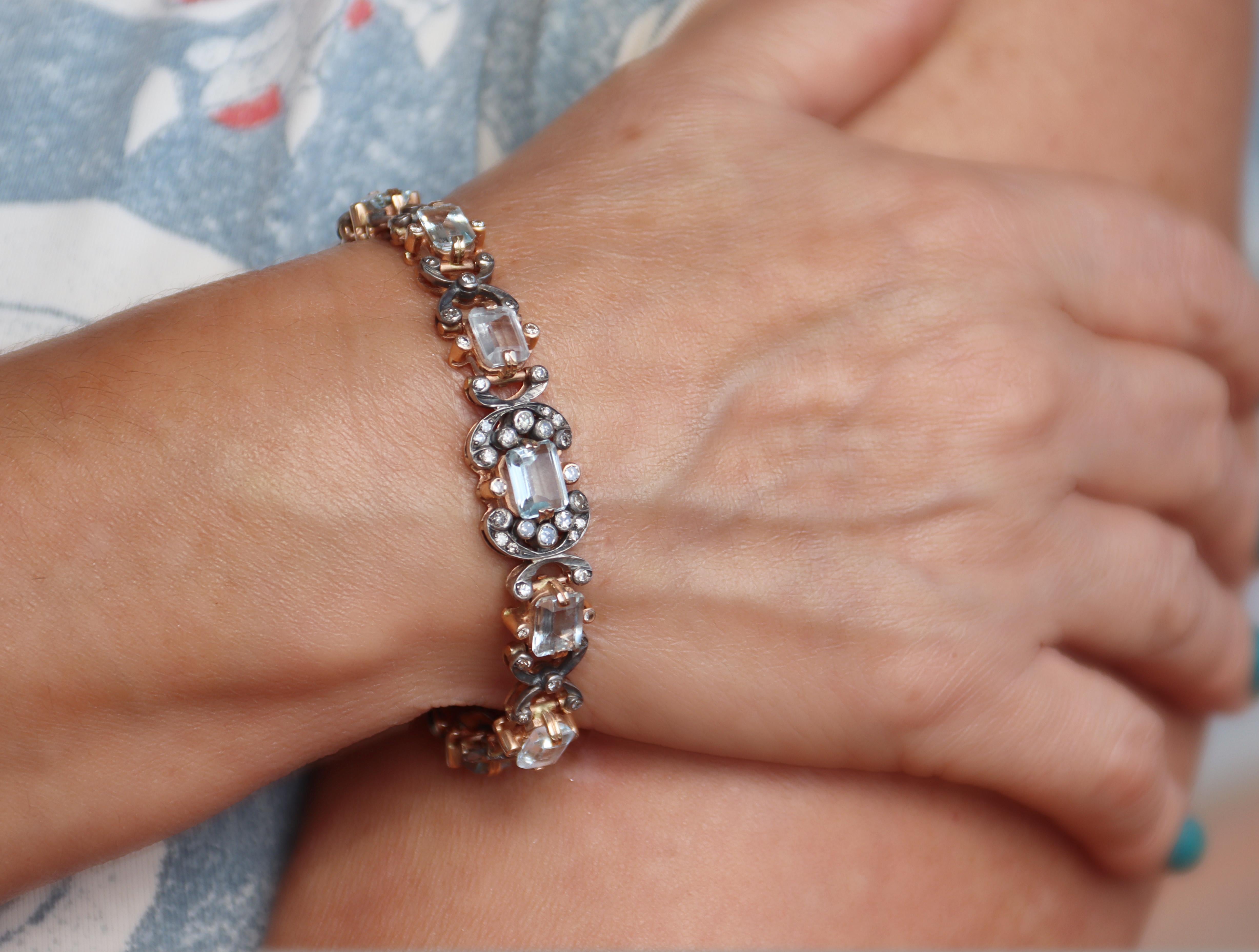 Bracelet rétro en or jaune 14 carats, aigues-marines et diamants en vente 3