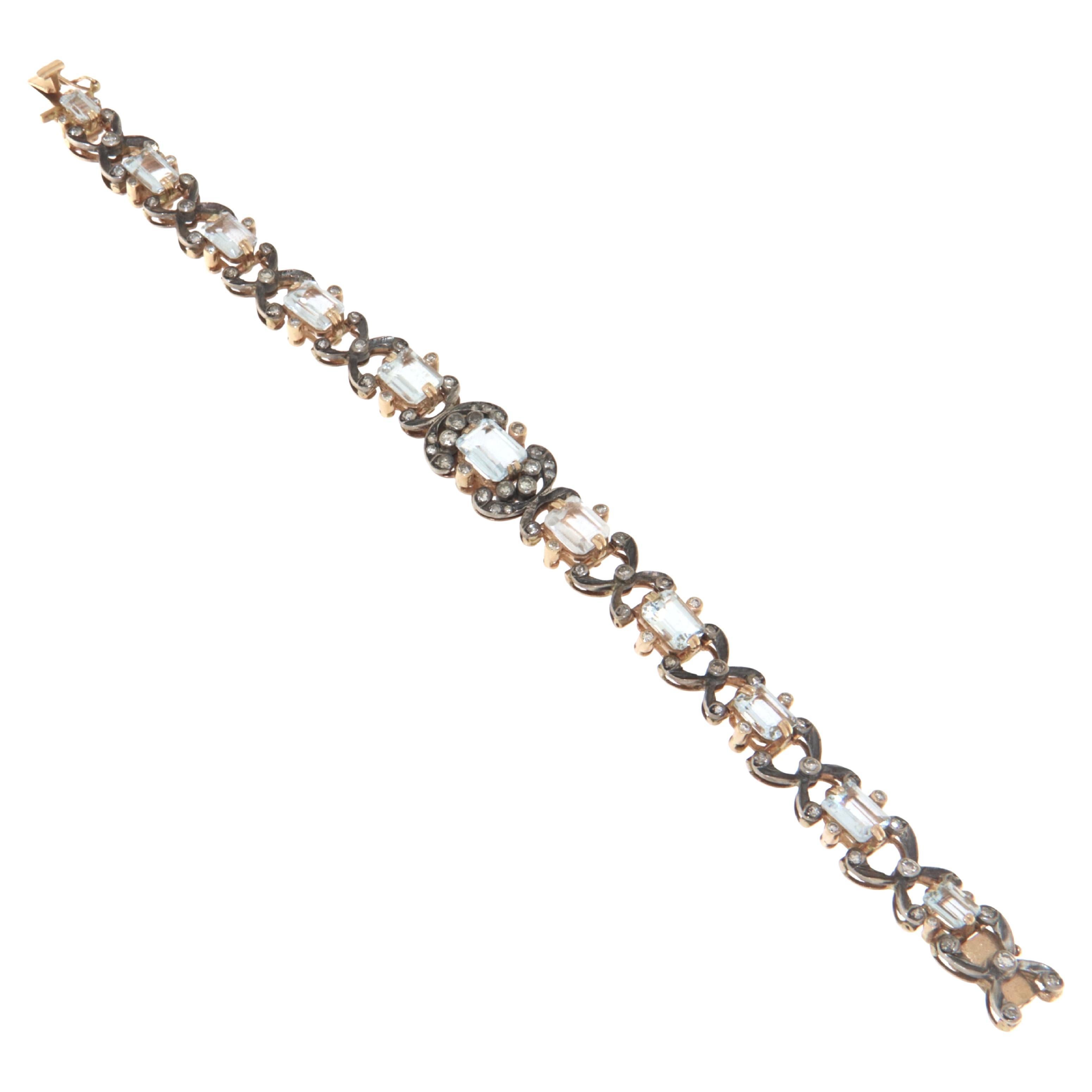 Aquamarines Diamonds Yellow Gold 14 Karat Retro Bracelet