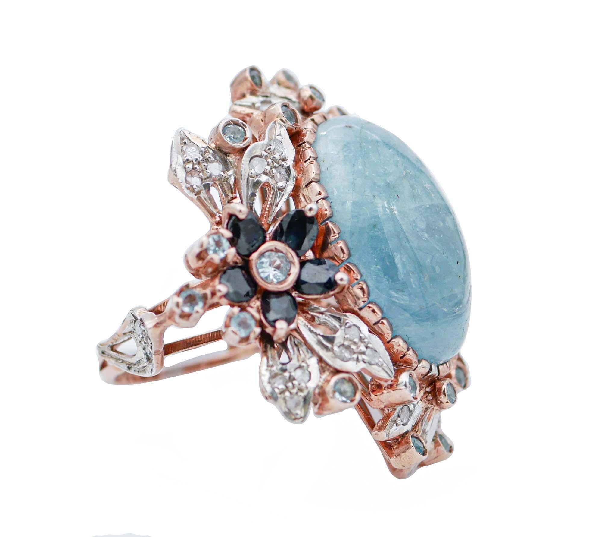 SHIPPING POLICY:
No additional costs will be added to this order.
Shipping costs will be totally covered by the seller (customs duties included).

Amazing retrò ring in 14 kt rose gold and silver structure mounted with a central aquamarine