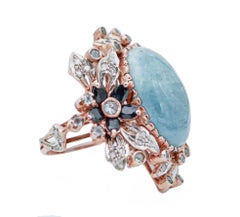 Aquamarine, Sapphires Diamonds, 14 Karat Rose Gold and Silver Ring