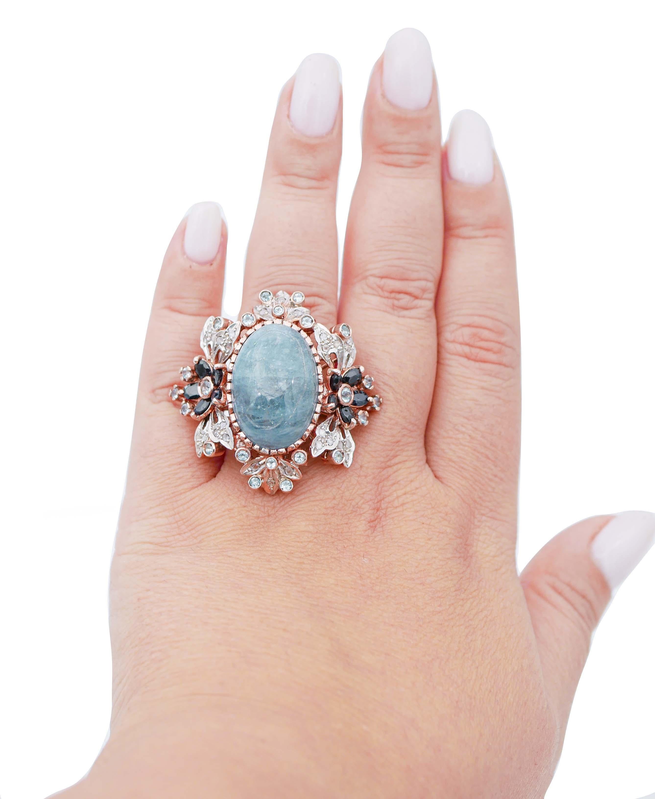 Mixed Cut Aquamarine, Sapphires Diamonds, 14 Karat Rose Gold and Silver Ring