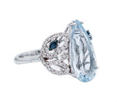 Bague en or blanc 14 carats, aigue-marine, saphirs, diamants