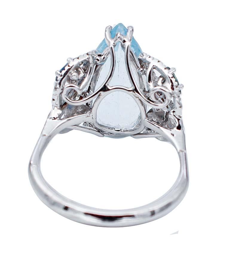 Retro Aquamarine, Sapphires, Diamonds, 14 Karat White Gold Ring For Sale