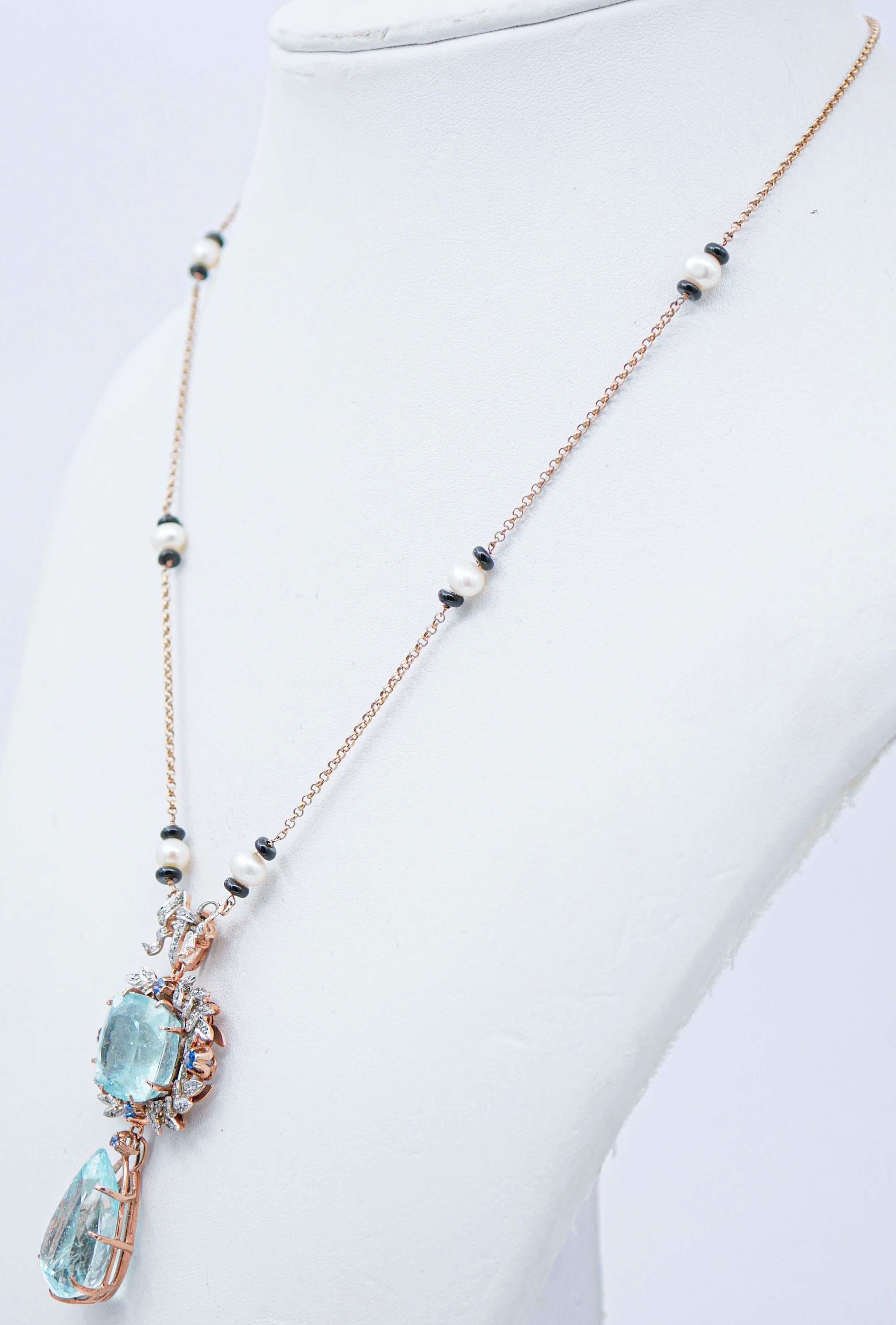 Taille mixte Aquamarine, Sapphires, Diamonds, Onyx, Pearls, Gold and Silver Pendant Necklace en vente