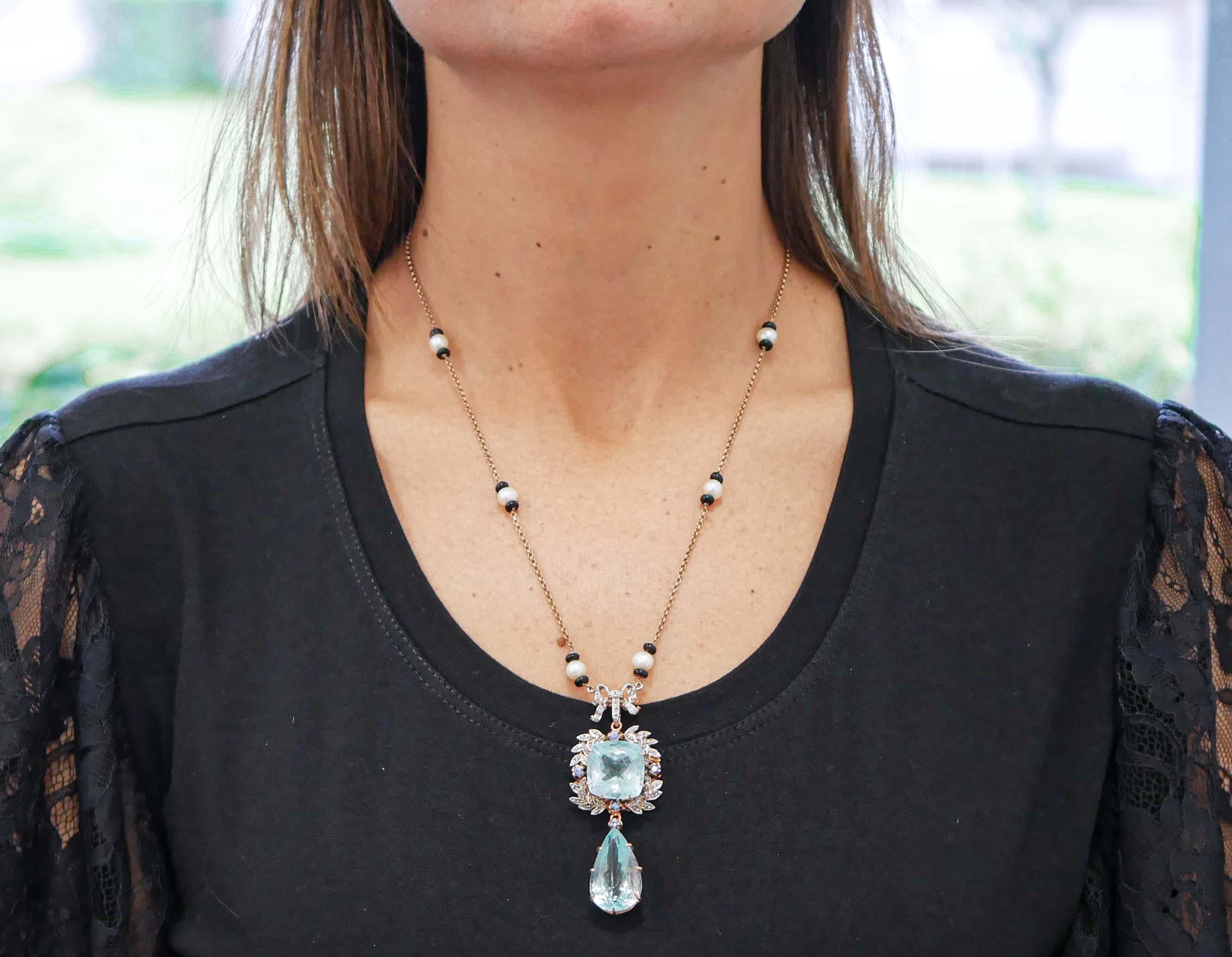 Aquamarine, Sapphires, Diamonds, Onyx, Pearls, Gold and Silver Pendant Necklace Pour femmes en vente