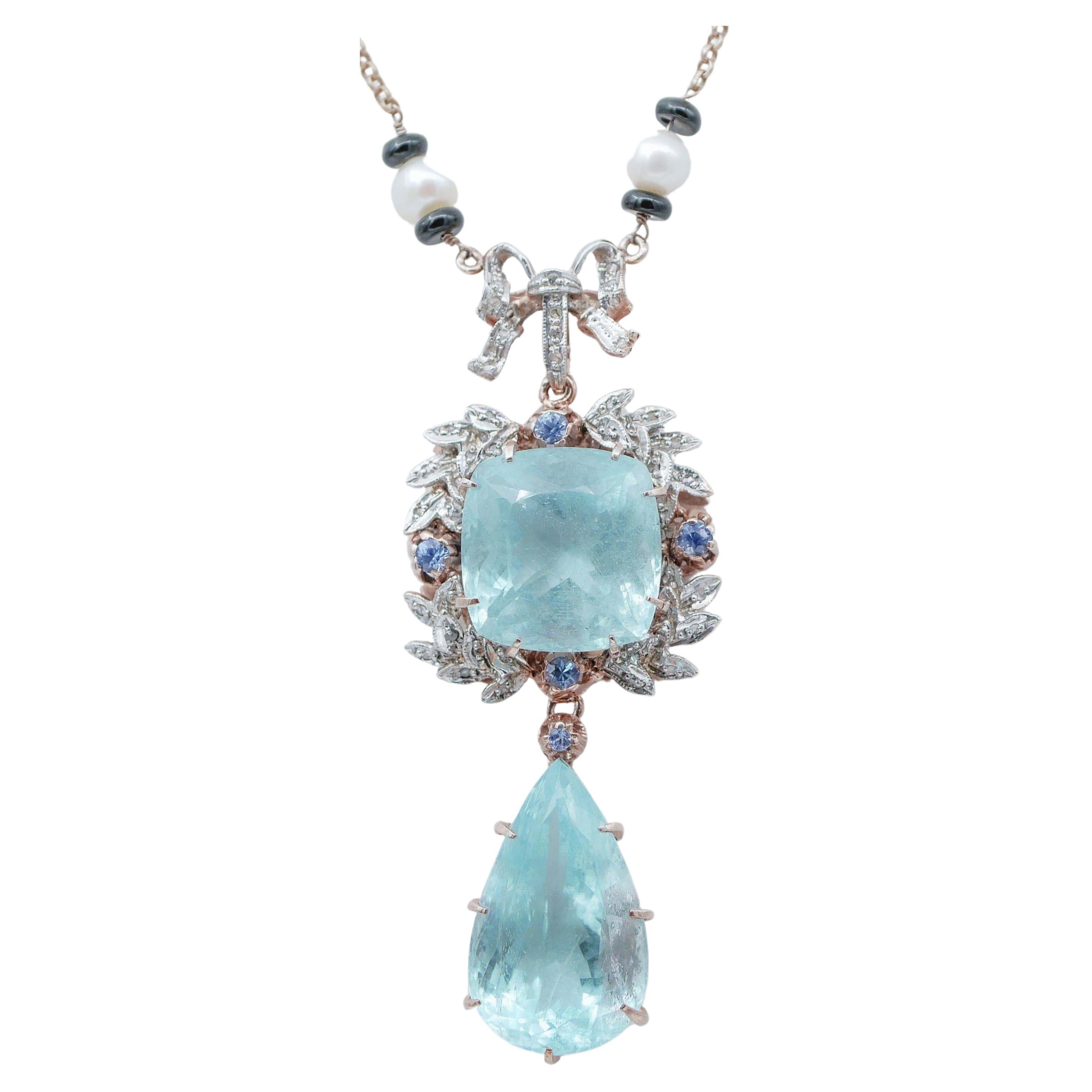 Aquamarine, Sapphires, Diamonds, Onyx, Pearls, Gold and Silver Pendant Necklace For Sale