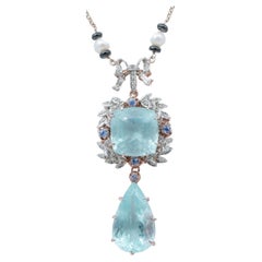 Aquamarine,Sapphires,Diamonds,Onyx,Pearls,Rose Gold and Silver Pendant Necklace