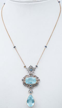 Aquamarine, Tanzanite, Sapphires, Diamonds,  Gold and Silver Pendant Necklace