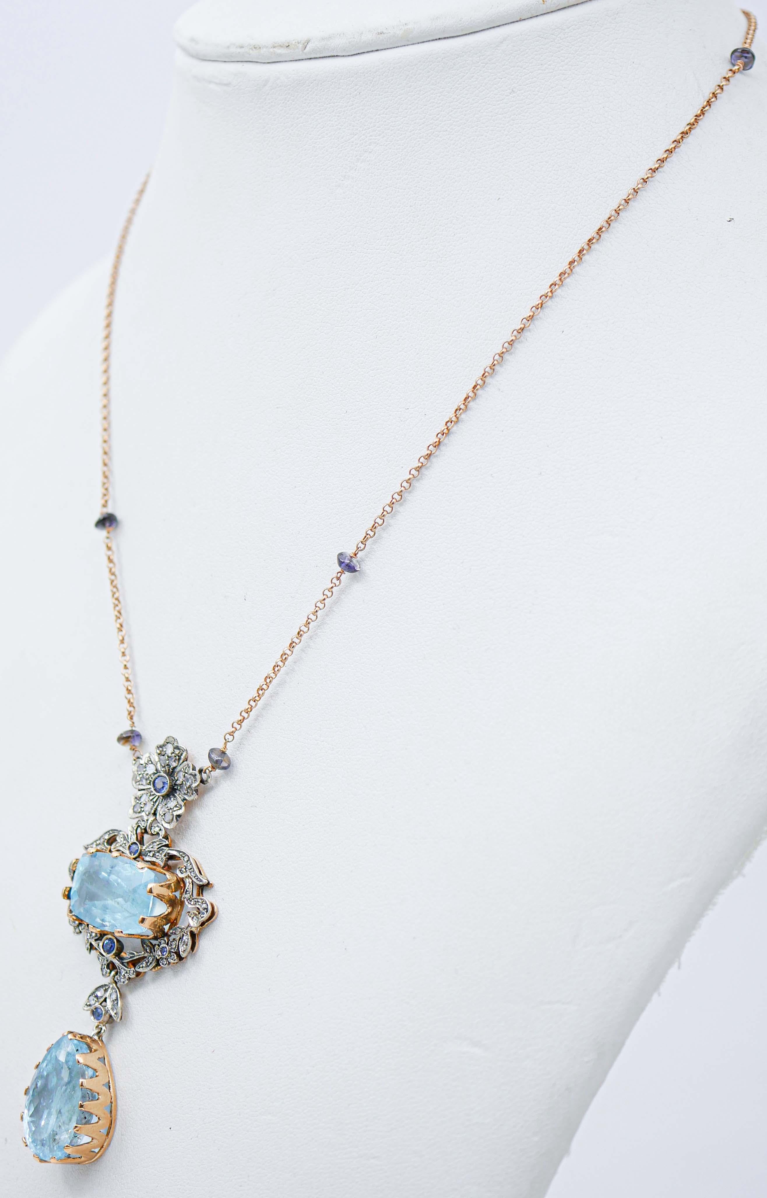 Retro Aquamarine, Tanzanite, Sapphires, Diamonds,  Gold and Silver Pendant Necklace For Sale