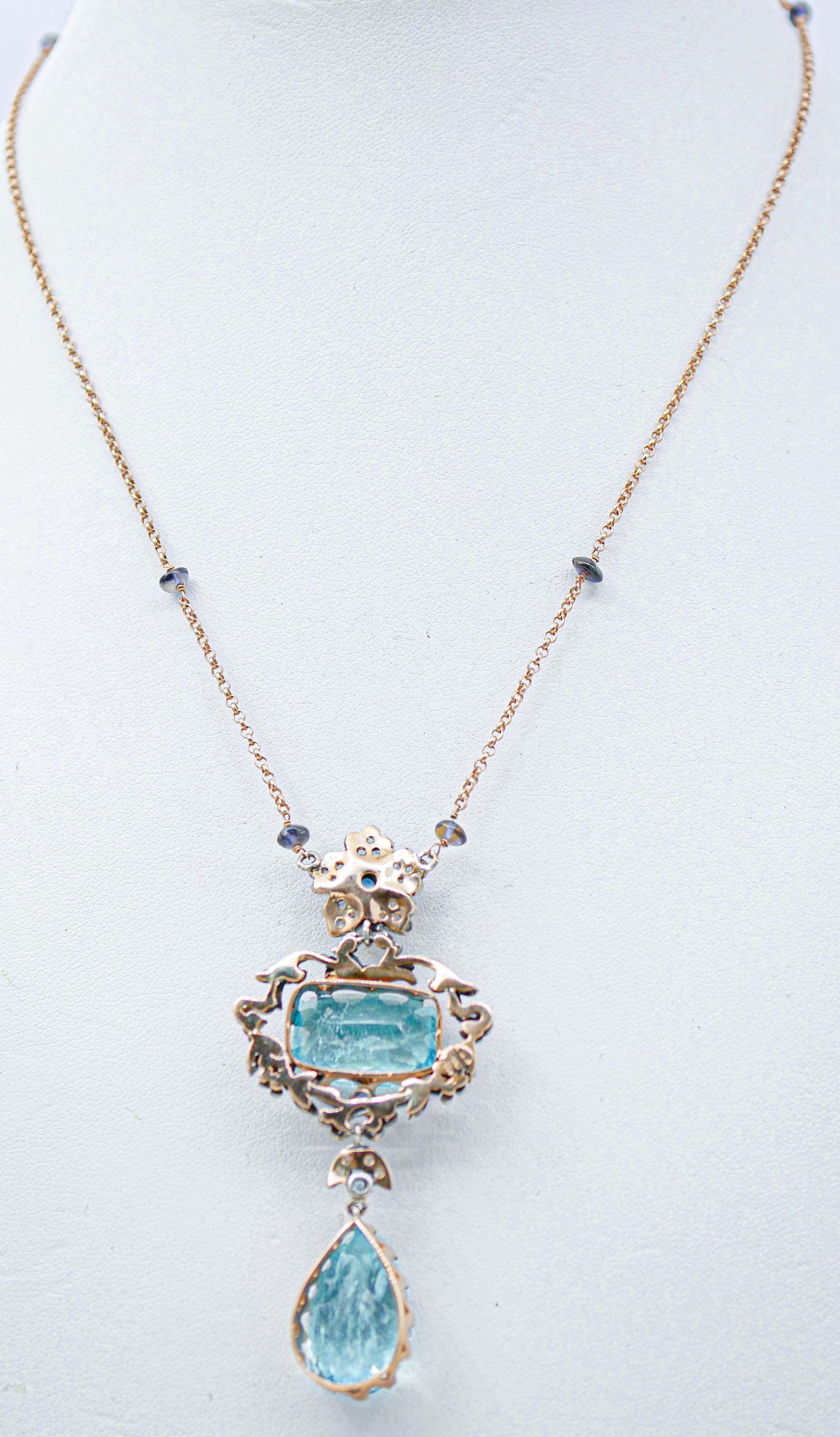 Mixed Cut Aquamarine, Tanzanite, Sapphires, Diamonds,  Gold and Silver Pendant Necklace For Sale