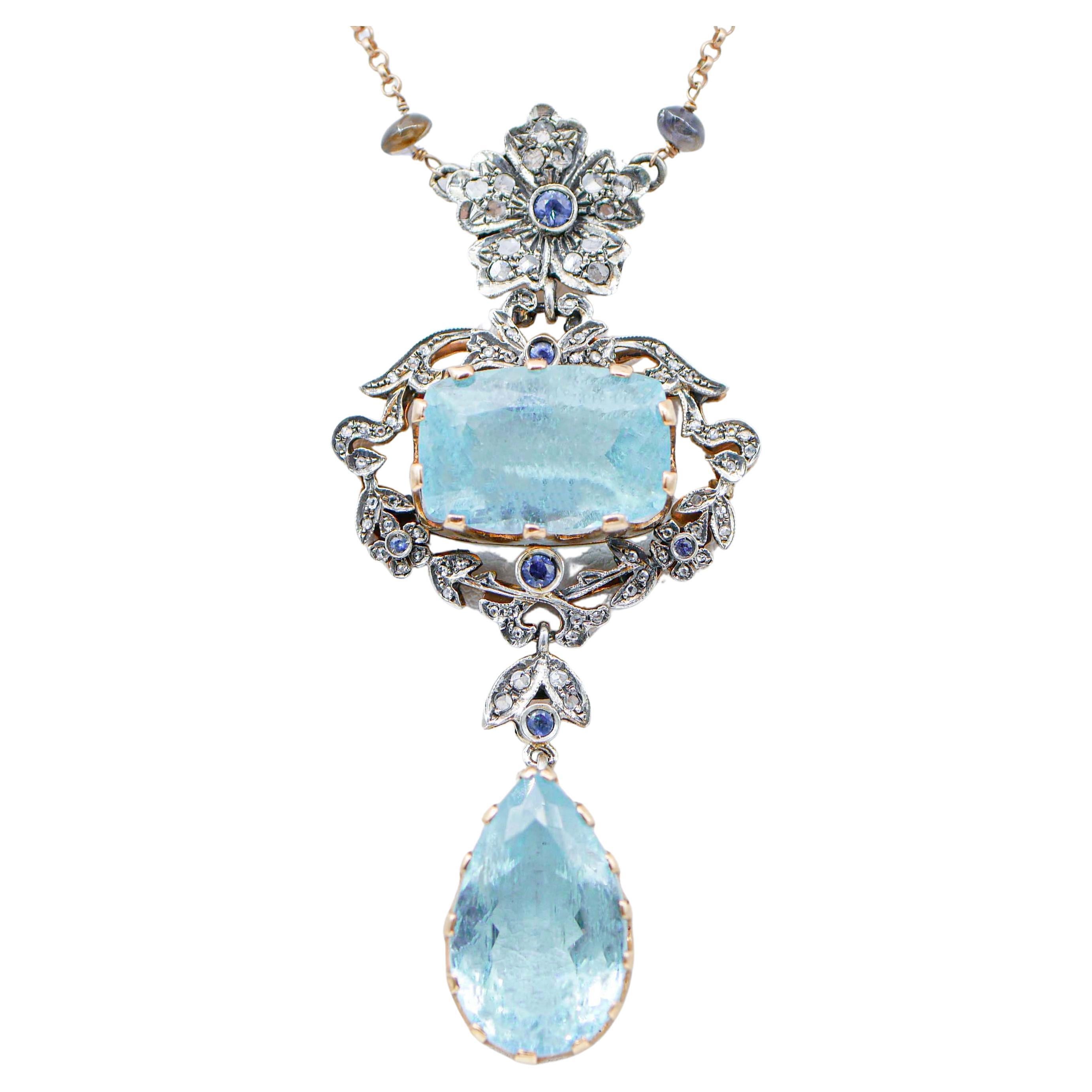 Aquamarine, Tanzanite, Sapphires, Diamonds,  Gold and Silver Pendant Necklace For Sale