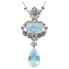 Retro Aquamarine, Tanzanite, Sapphires, Diamonds,  Gold and Silver Pendant Necklace