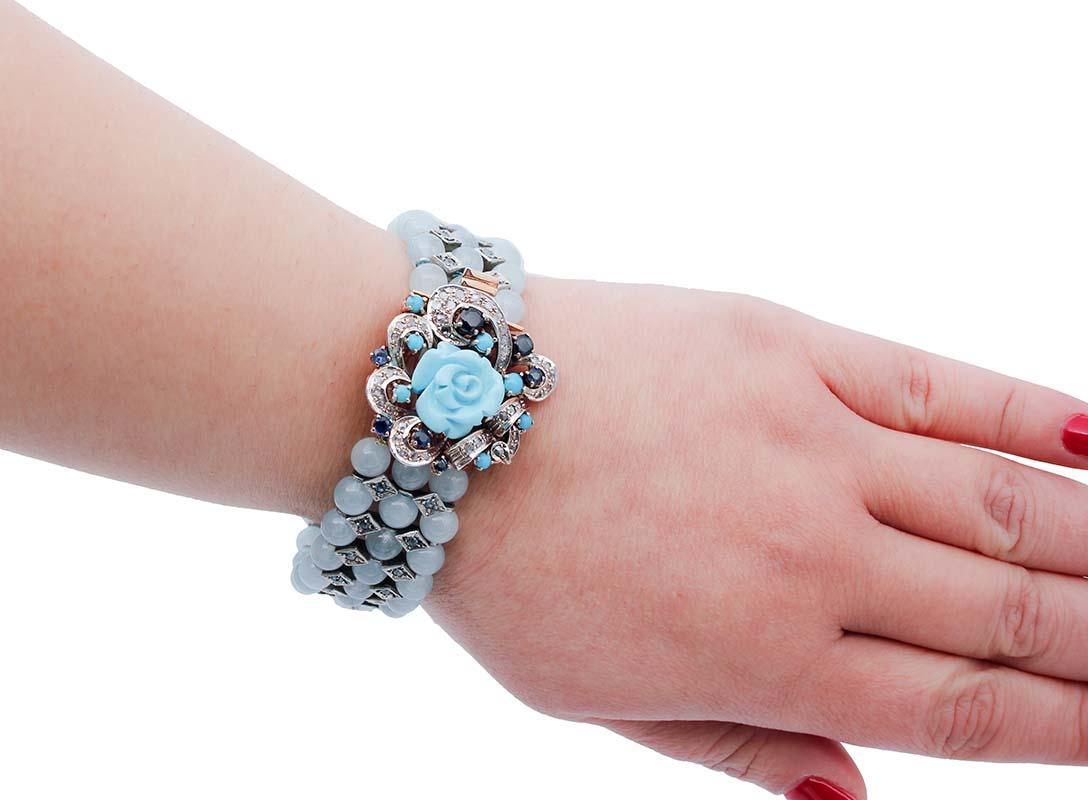 Mixed Cut Aquamarine, Turquoise, Diamonds, Sapphires, 14 Kt Rose Gold and Silver Bracelet