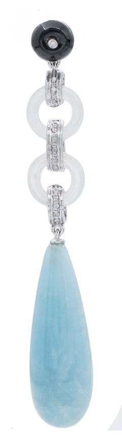 Aquamarine, White Stones, Onyx, Diamonds, Platinum Dangle Earrings