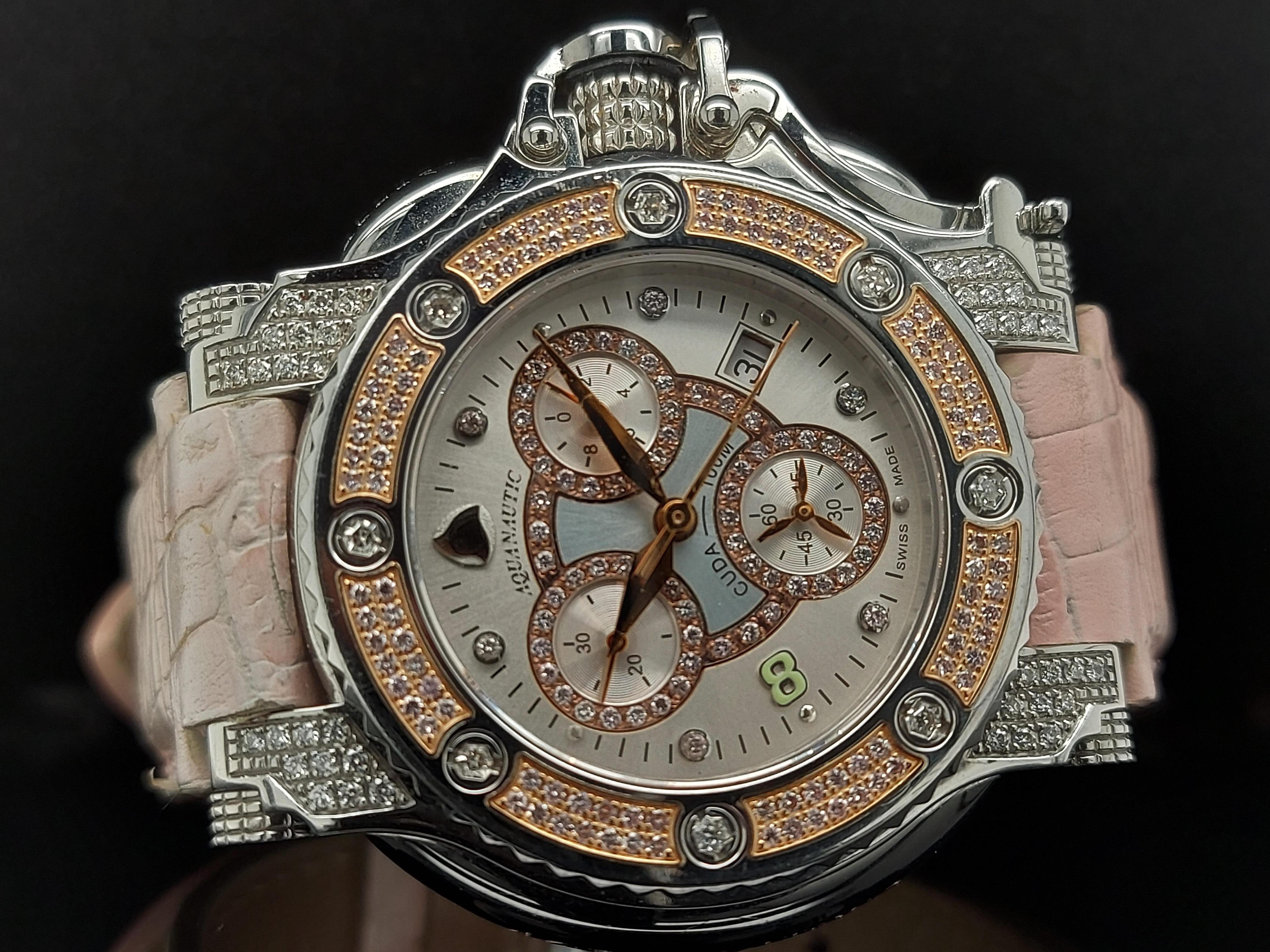 Aquanautic Princess Cuda Wristwatch, Limited Edition Pink Diamonds, Quartz, 39mm

Movement: Quartz

Functions: Hours, minutes, seconds, chronograph, date

Case: Stainless steel ,natural Pink &  white diamonds, Diameter 39 mm, diameter with crown