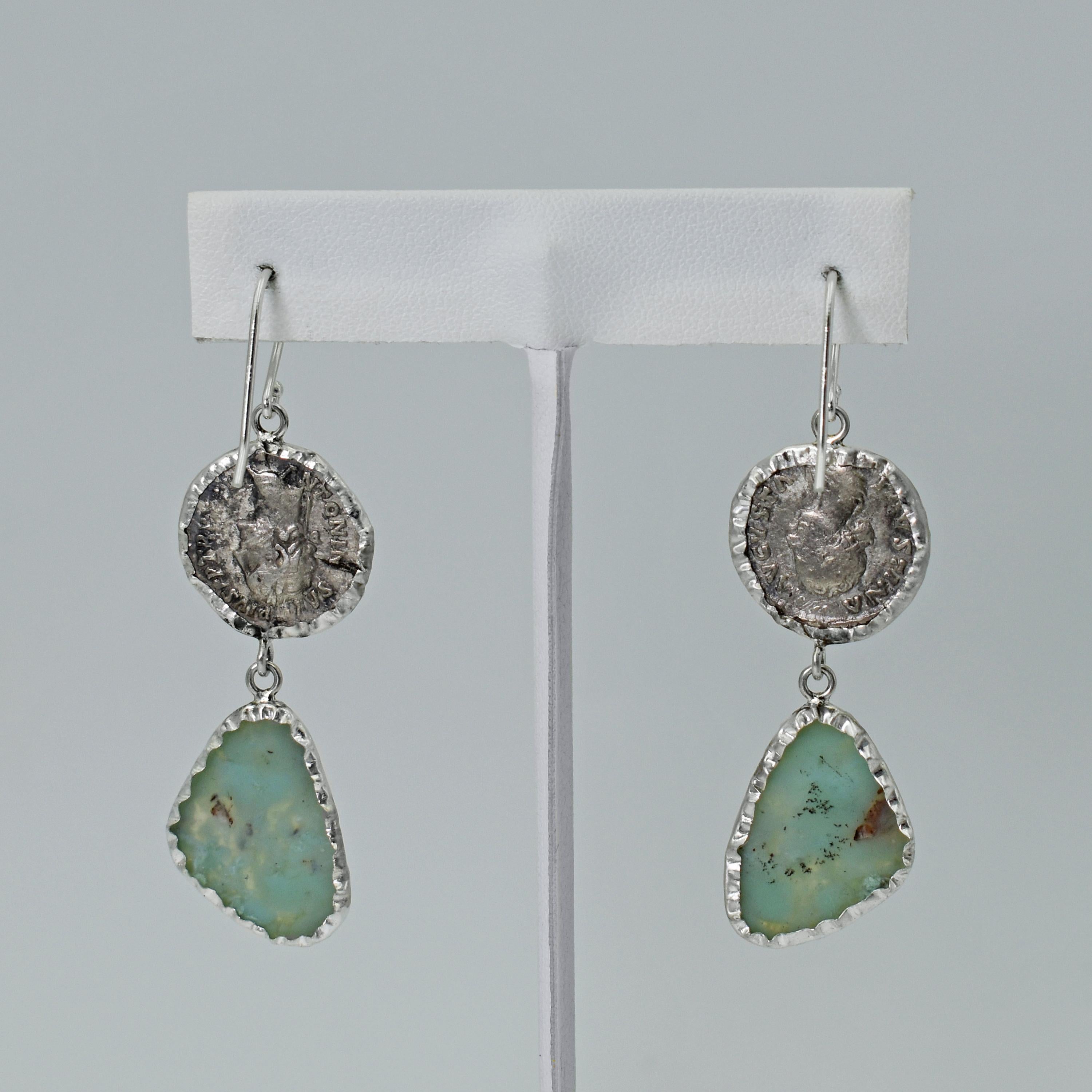 Pendants d'oreilles en argent Aquaprase et pièce de monnaie grecque antique Pour femmes en vente