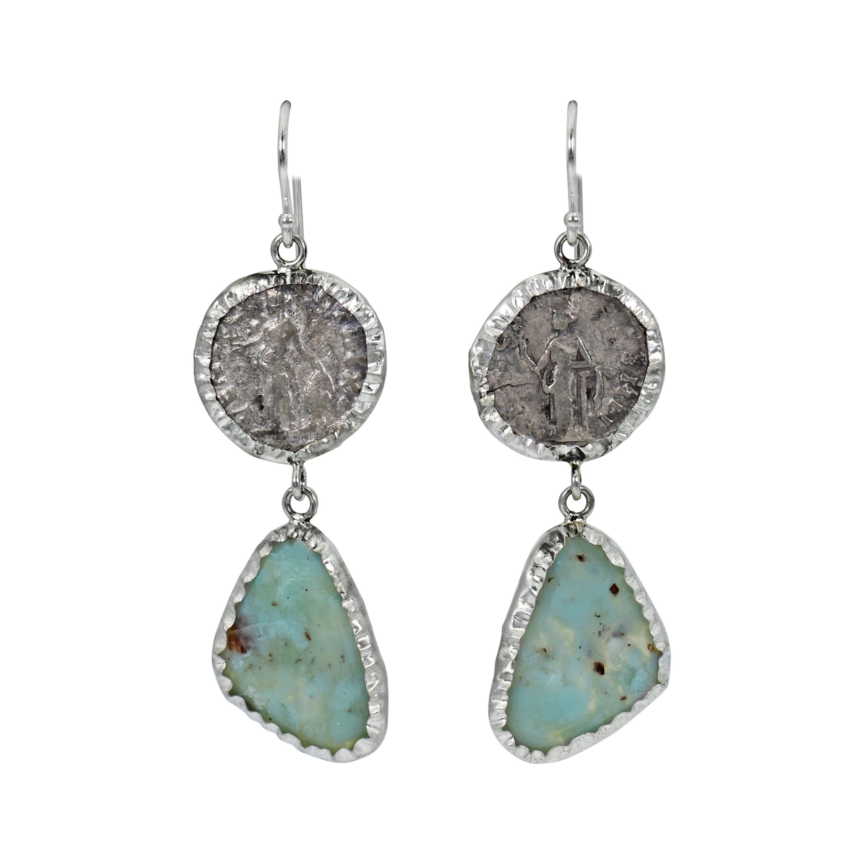 Aquaprase & Ancient Greek Silver Coin Dangle Earrings For Sale