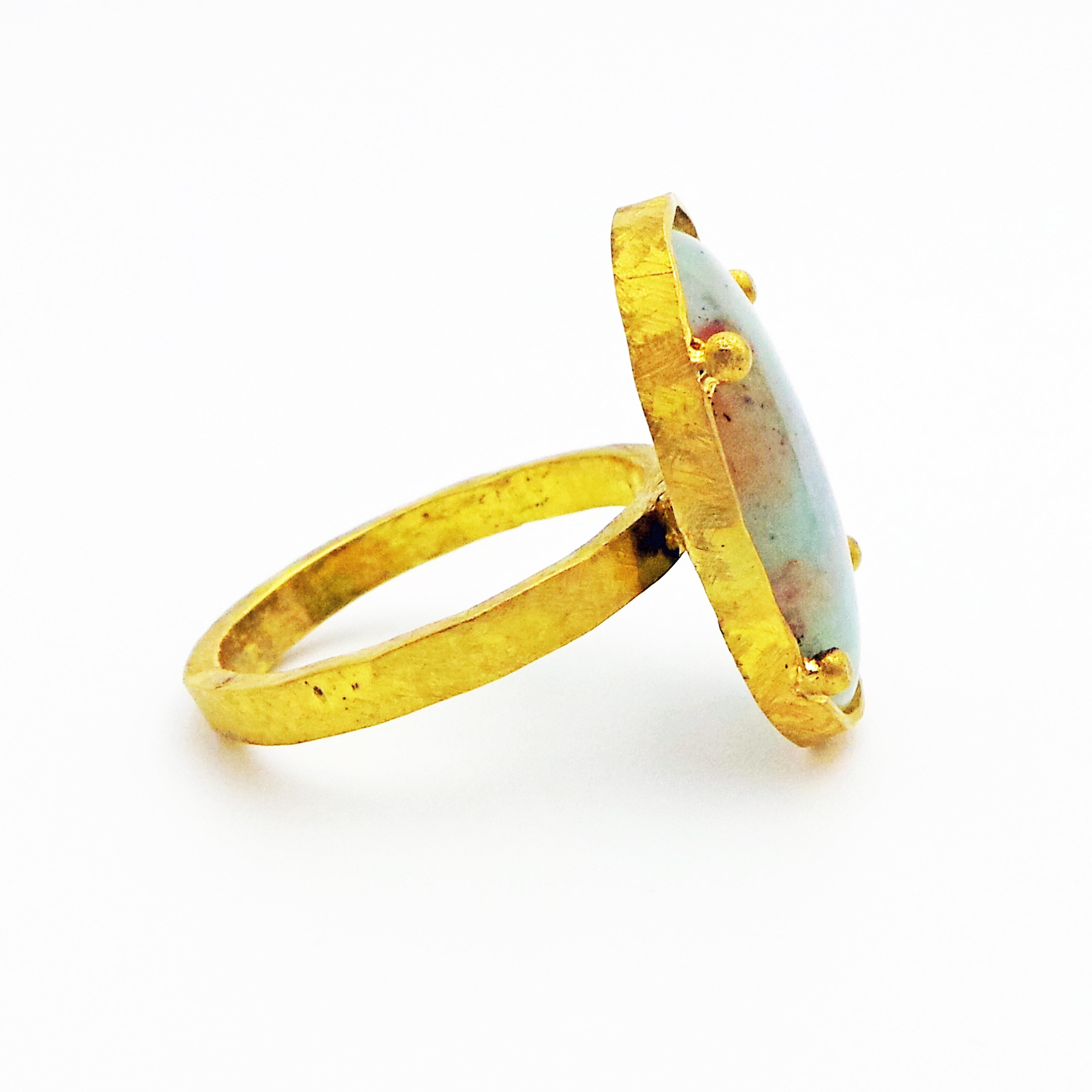 Contemporary Aquaprase and 22 Karat Gold Hand-Forged Cocktail Ring