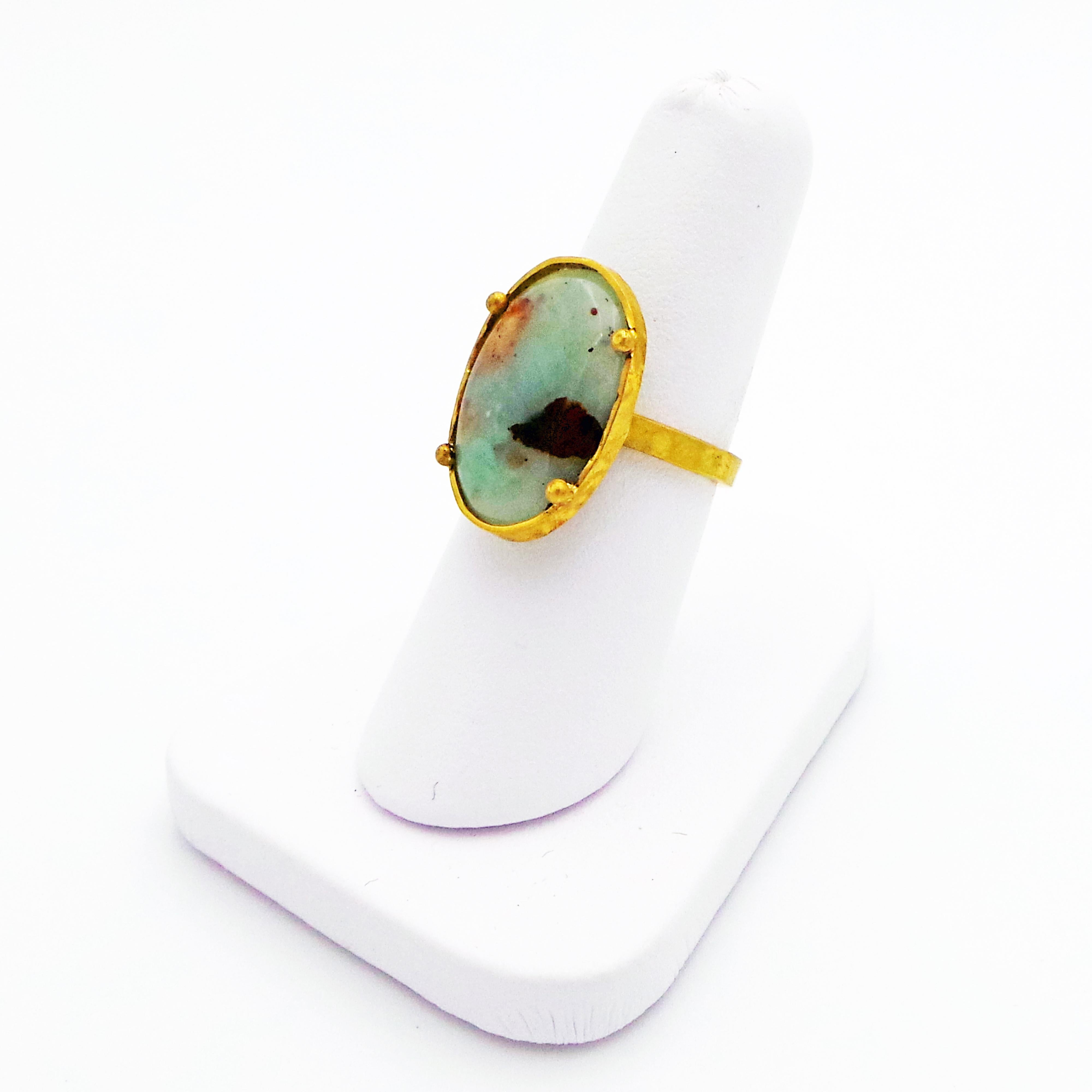 Women's Aquaprase and 22 Karat Gold Hand-Forged Cocktail Ring