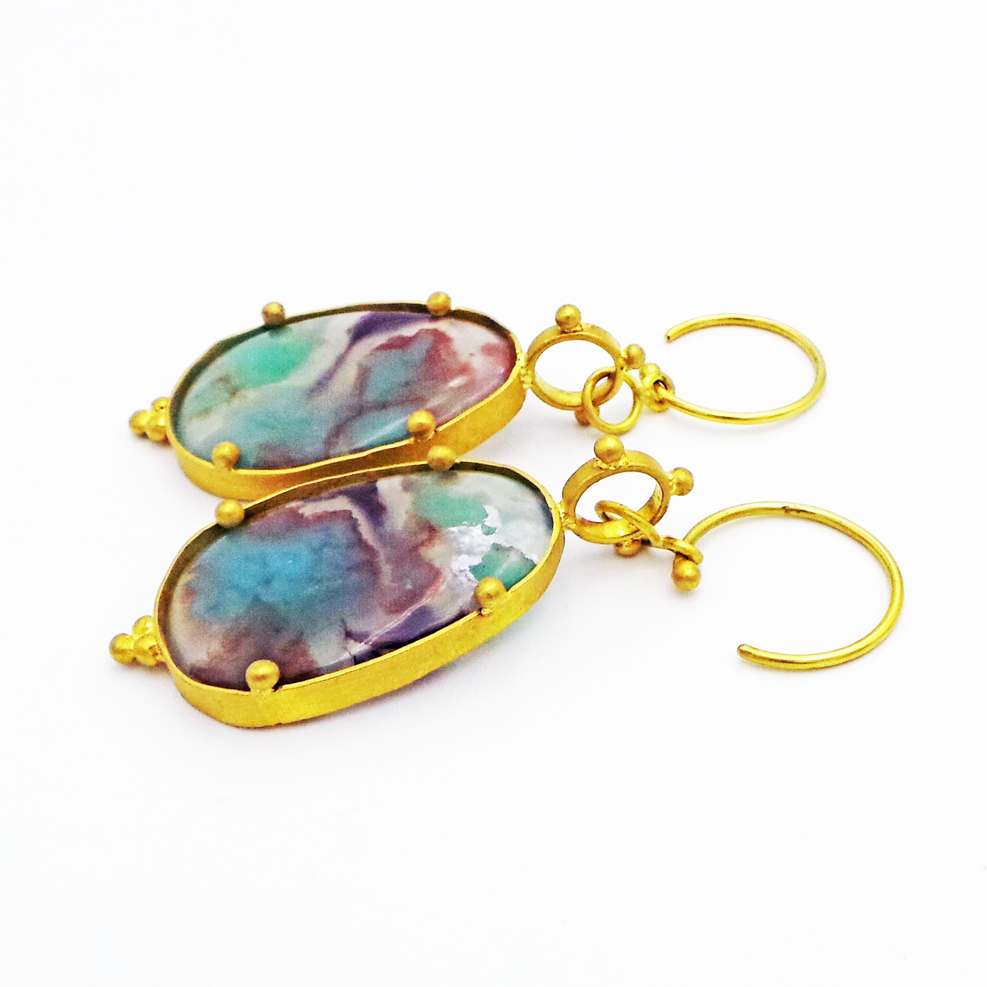 Beautiful Aquaprase and hand-forged 22k yellow gold dangle earrings. Circle hoops come with silicone backs for added comfort, support and security. Aquaprase is one of the most recently discovered gemstones, being unearthed in 2014 by a gem explorer