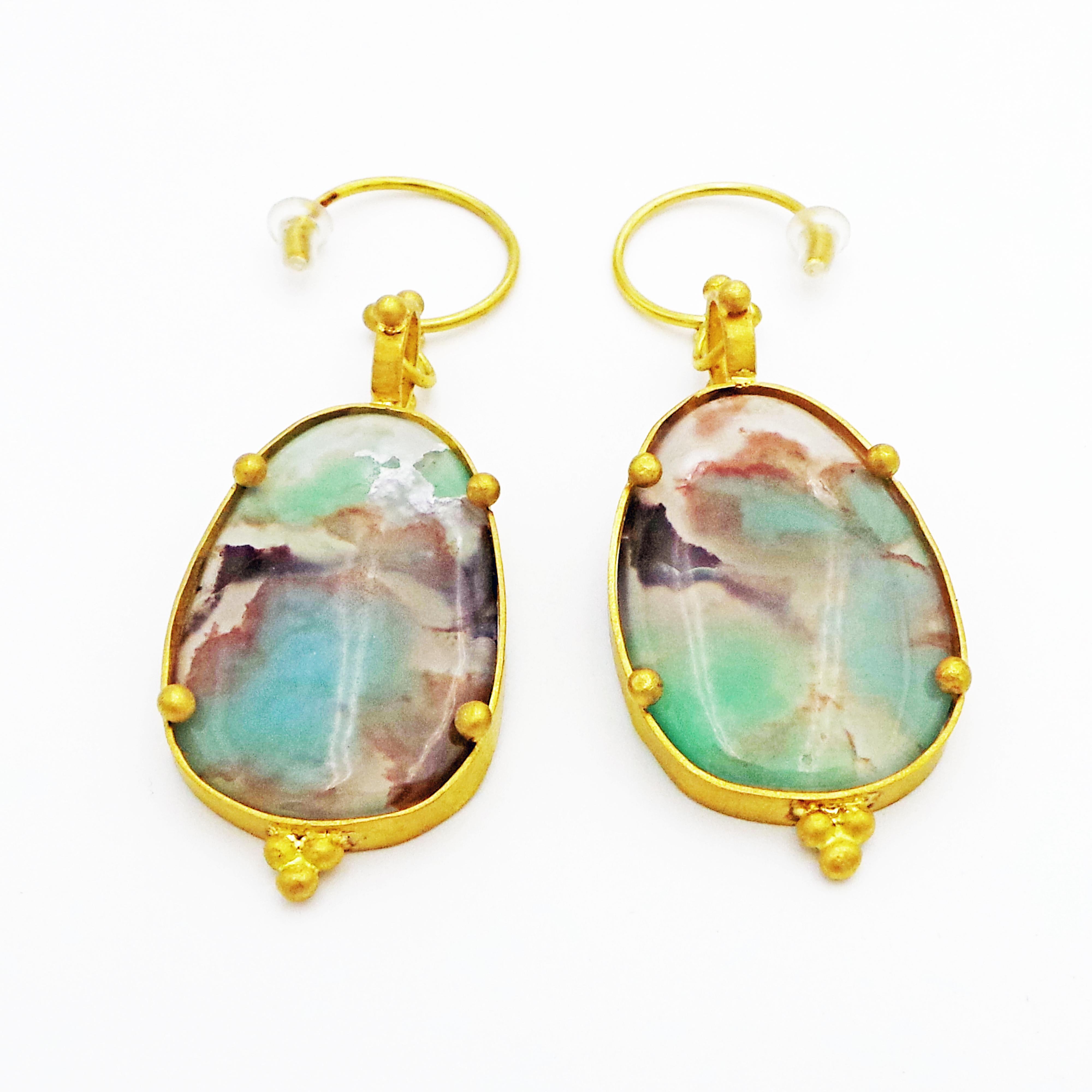 Contemporary Aquaprase and 22-Karat Gold Hand Forged Dangle Earrings For Sale